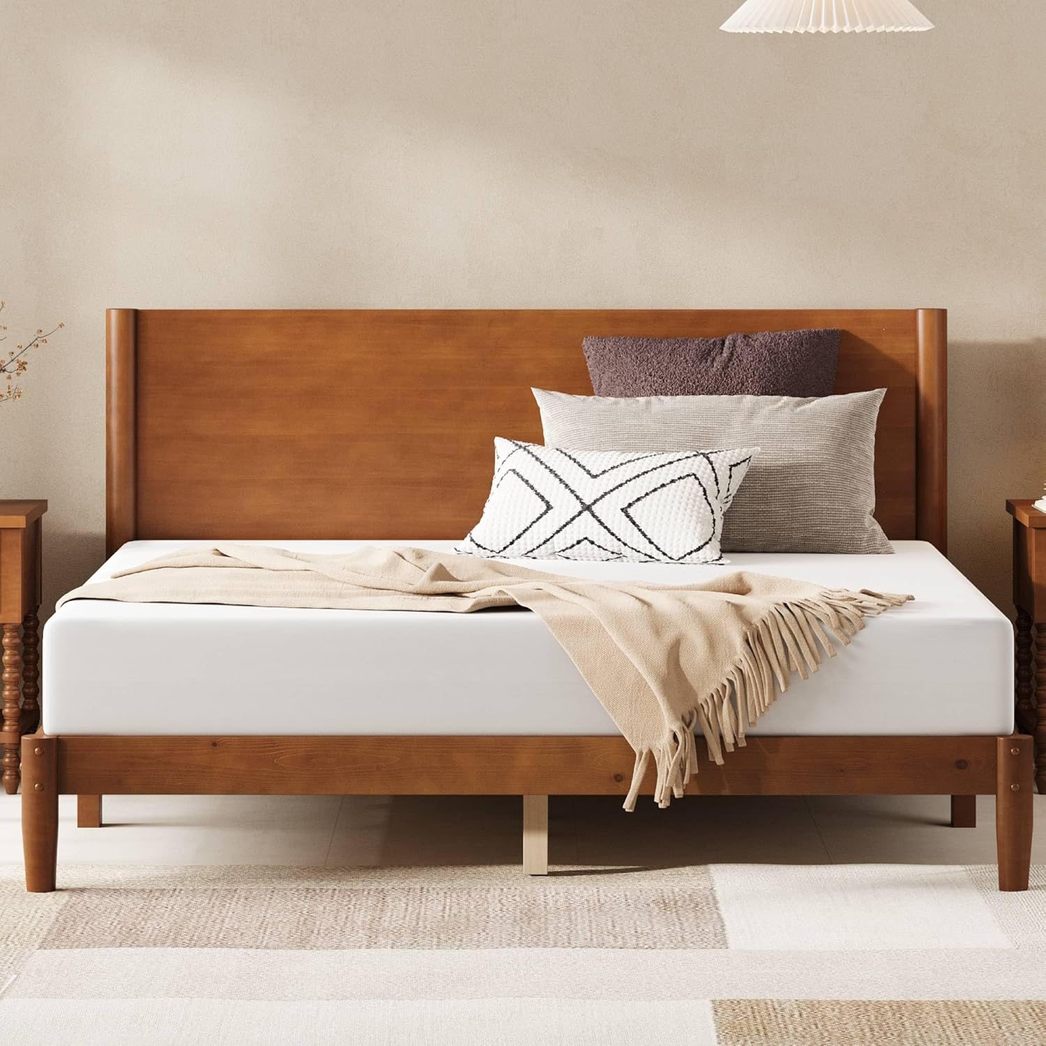 AMERLIFE Solid Wood Queen Bed Frame, Mid Century Modern Platform Bed with Full Panel Headboard, Wooden Bed with Cylindrical Legs, No Box Spring Needed & Noise-Free, Brown Walnut