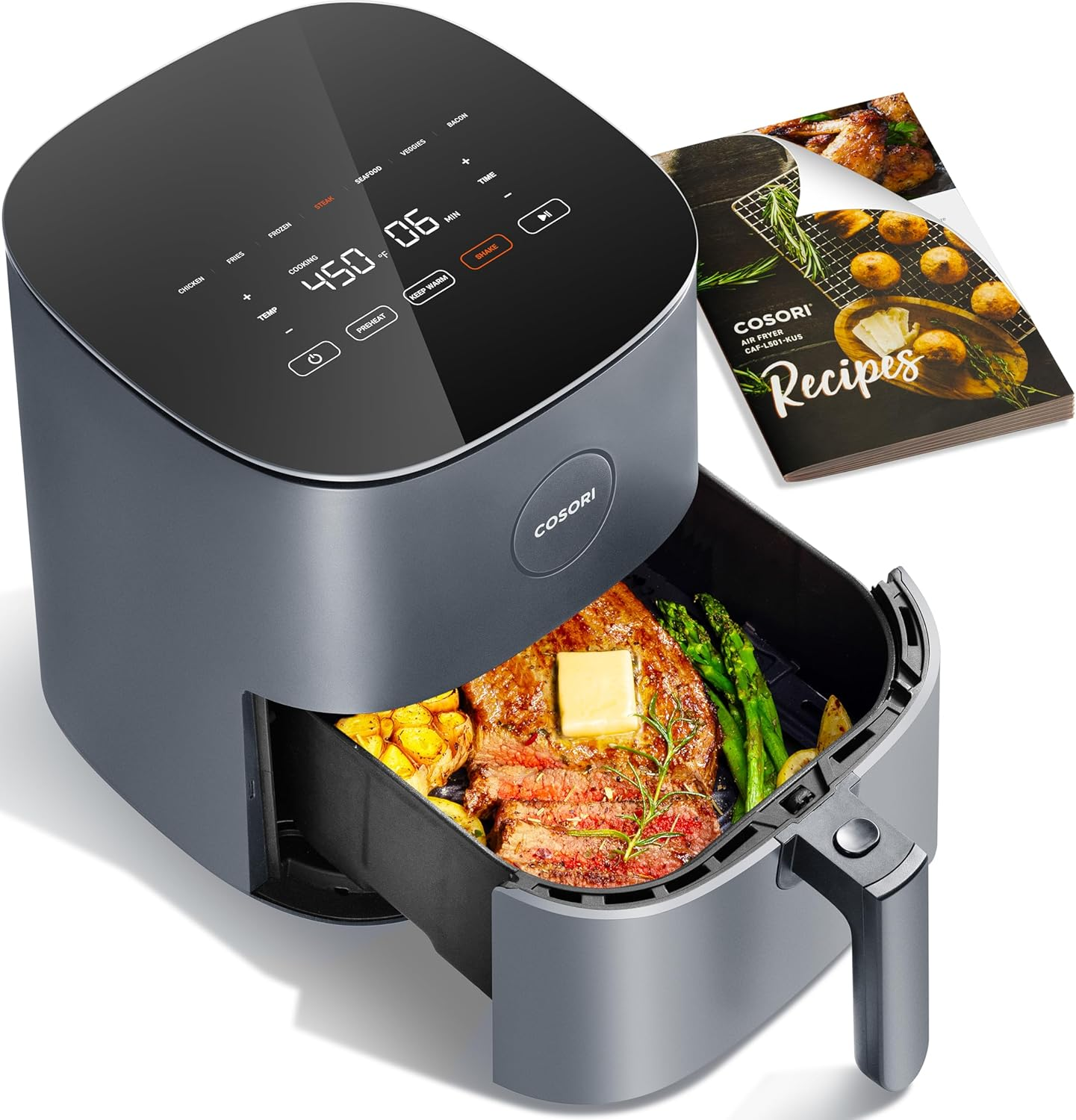 Air Fryer Pro 9-In-1, Compact 5QT, 450℉: Half Time & Chef-Grade Cook, One-Wipe Clean Glass Panel, 130+ In-App Recipes with Nutritional Info, Nonstick & Dishwasher-Safe Basket, Gray