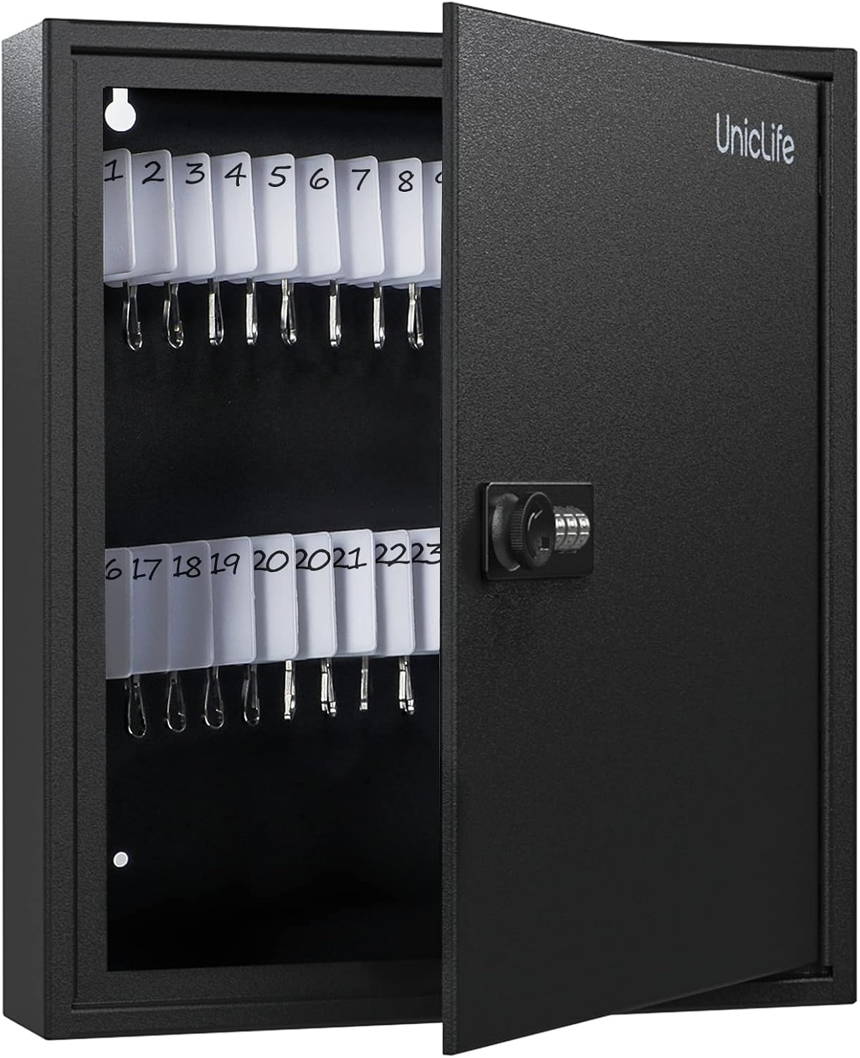 Uniclife 60 Position Slotted Key Cabinet with Combination Lock Resettable Black Digital Security Storage Box Steel Key Organizer with Slotted Racks White Key Tag Labels and Permanent Pen
