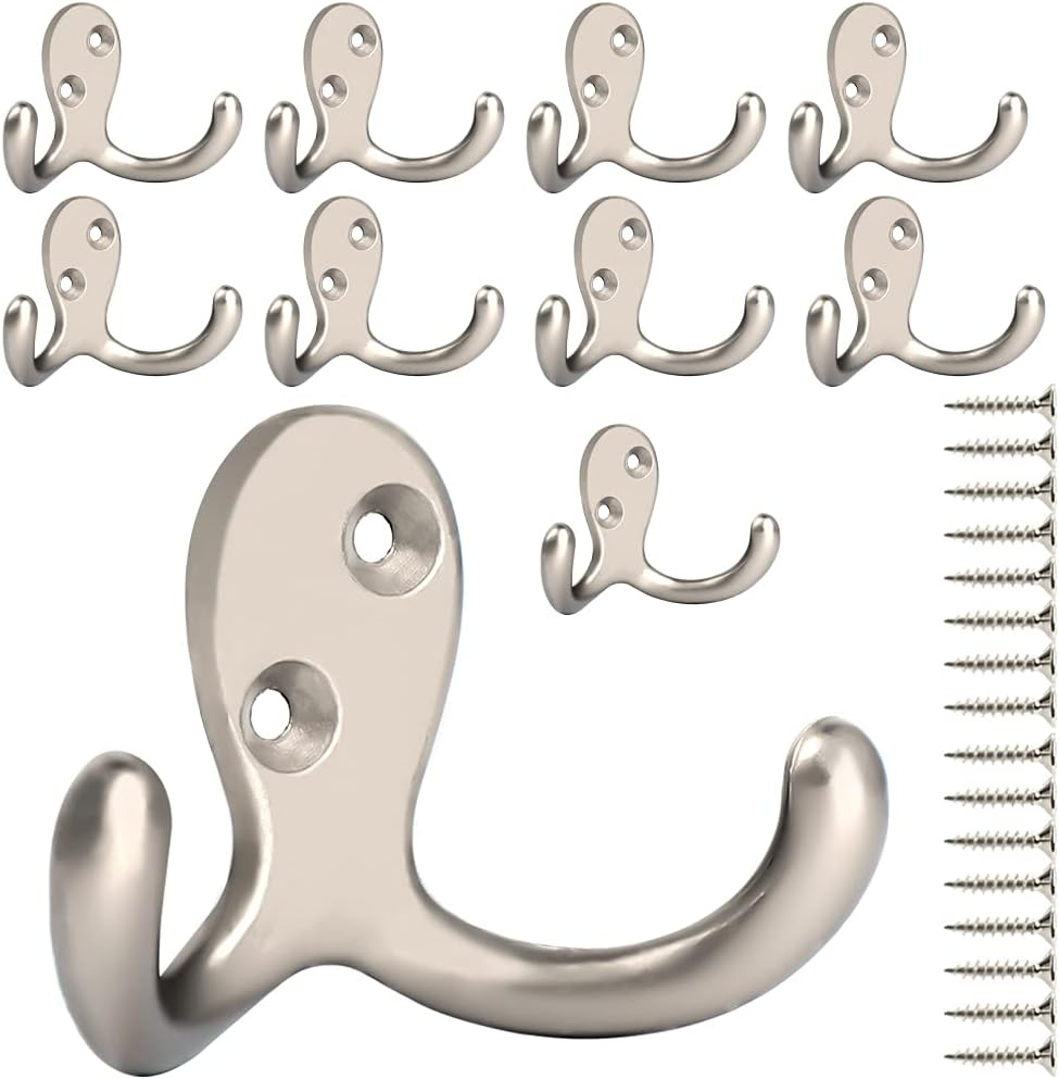 10 Pack Heavy Duty Double Prong Coat Hooks Wall Mounted with 20 Screws Retro Double Hooks Utility Hooks for Coat, Scarf, Bag, Towel, Key, Cap, Cup, Hat
