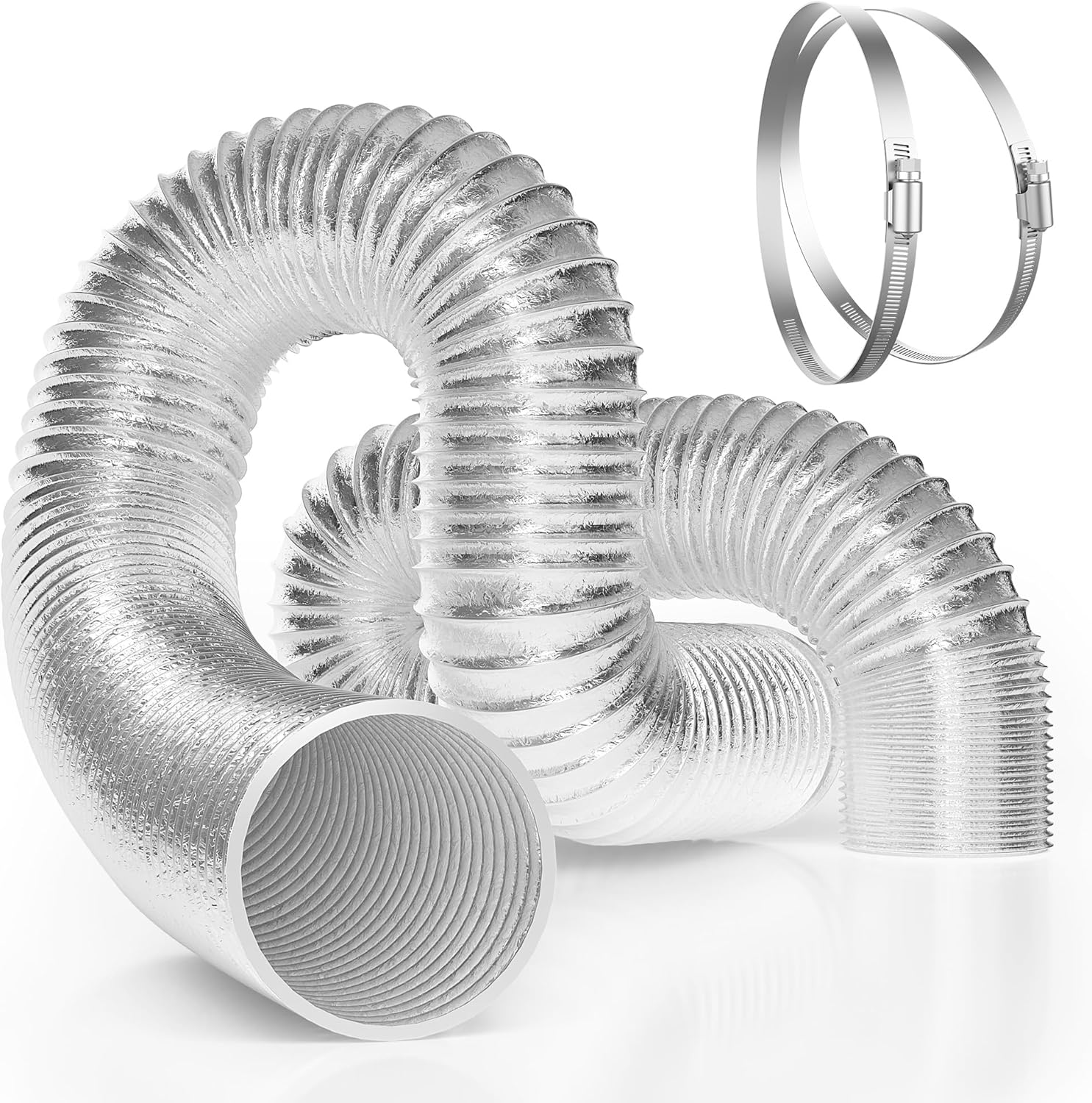 6 Inch 25 Feet Non-Insulated Flex Air Aluminum Duct for Ventilation, 2 Clamps Included