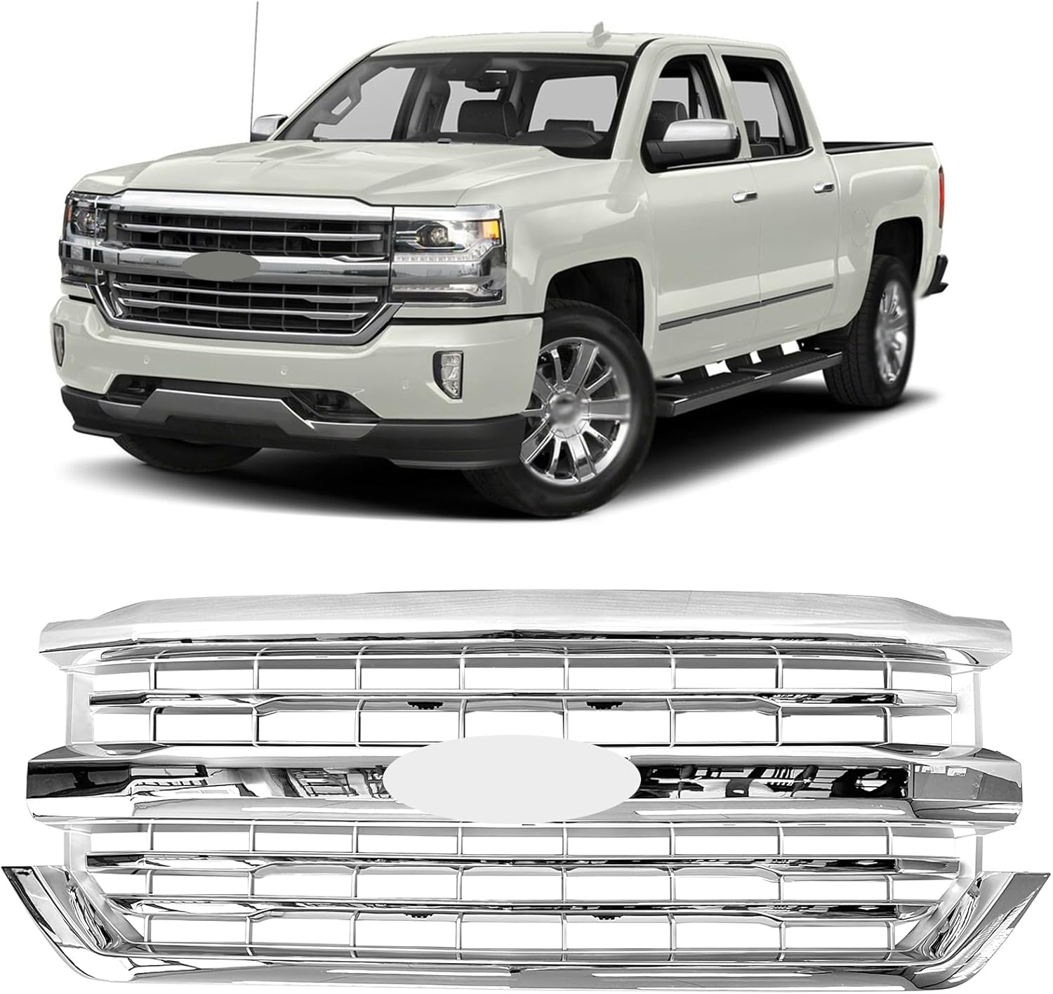 Front Bumper Upper Grille Chrome Grill Fit for 2016 2017 2018 Chevrolet Silverado 1500 Replacement for 84134045,84602489 (Chrome)