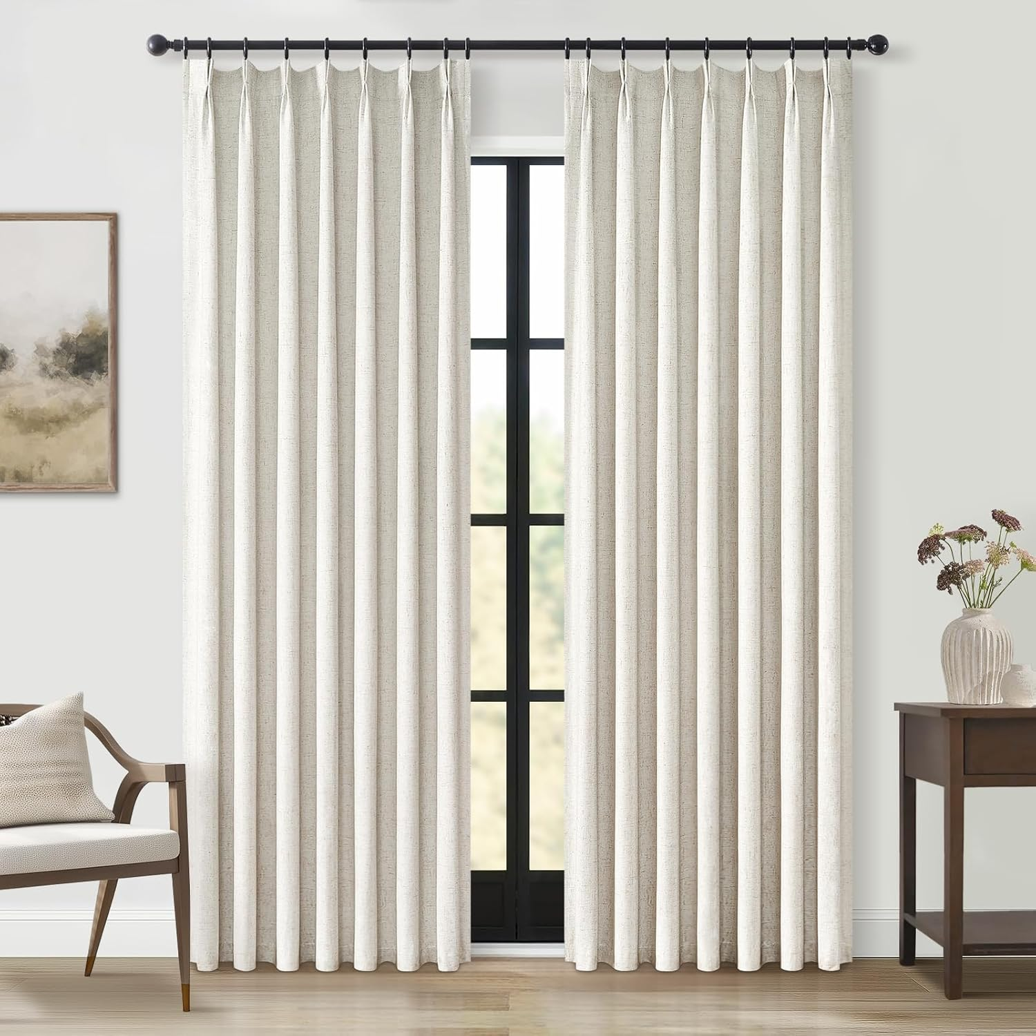 90 Inches Long Full Blackout Linen Curtains for Bedroom, Pinch Pleated Sound Block Curtains, Oatmeal Decorative Elegant Farmhouse Lined Drapes 2 Panels Set for Living Room Sliding Door