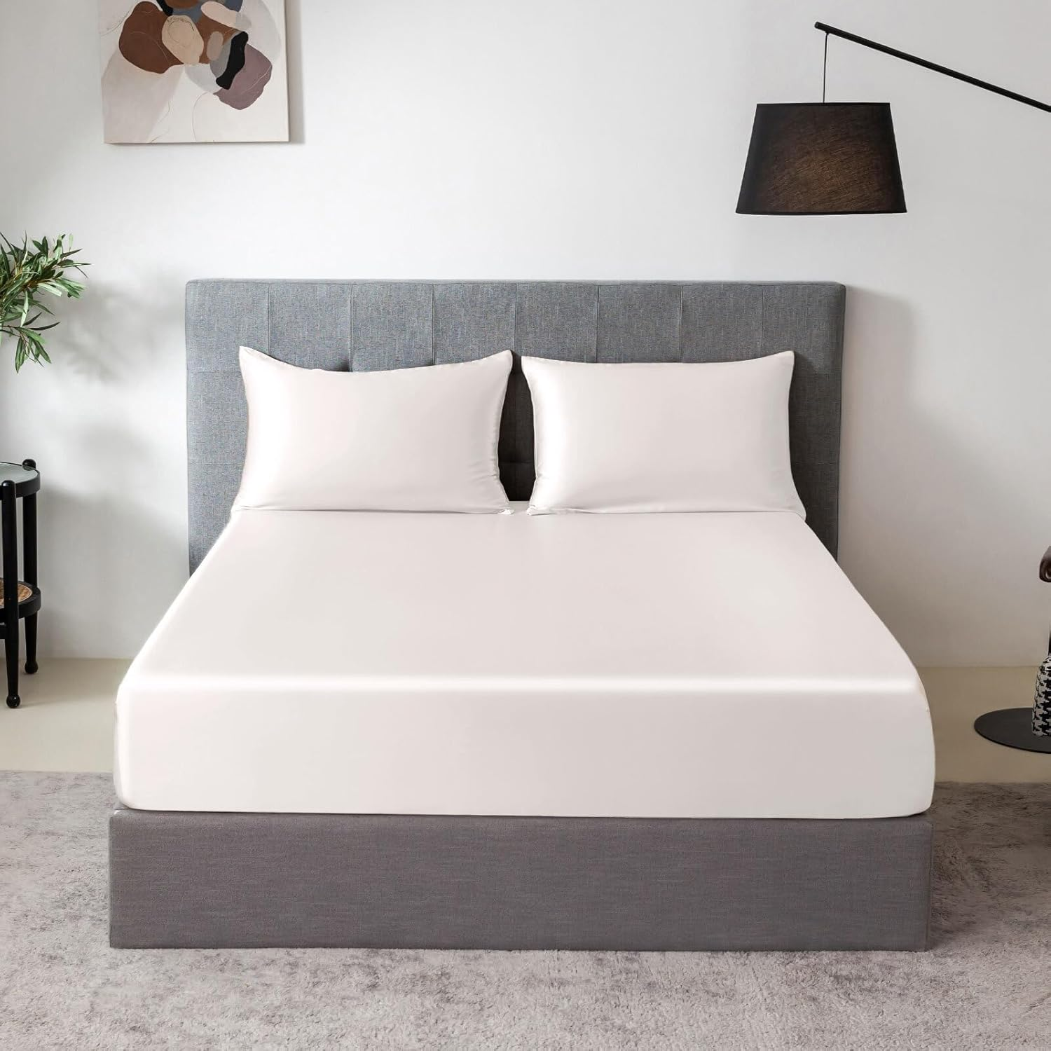 100% Mulberry Silk Fitted Sheet Set, 7A+ Silk 3 Pieces Bed Sheets, Breathable, Smooth, 16 Inch Deep Pocket Fitted Sheet, 2 Pillowcases - White, Queen