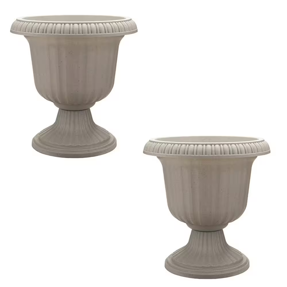 14 In. Outdoor Lightweight Resin Utopian Urn Planter, Stone (2-Pack)