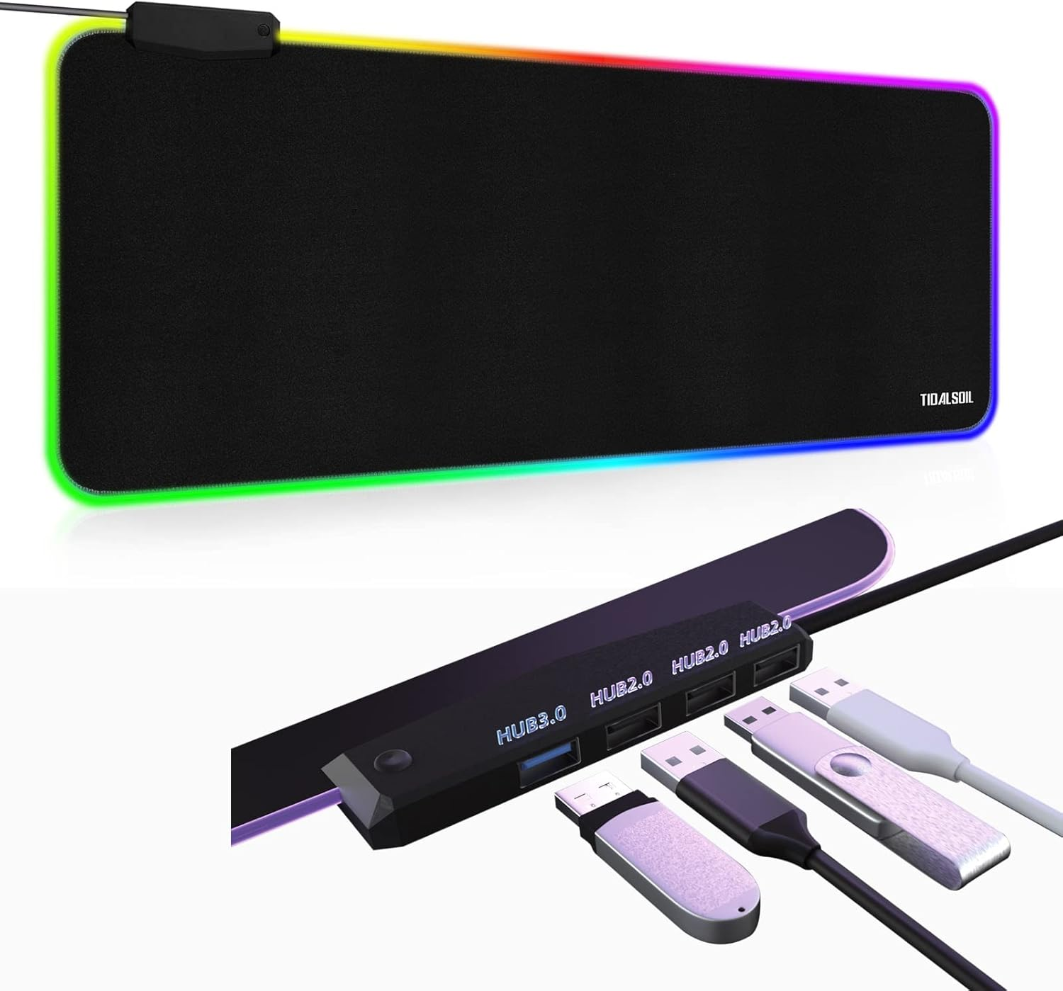RGB Gaming Mouse Pad with 4-Port USB Hub and 13 Lighting Modes, Oversize Anti-Slip Rubber Base with Waterproof Coating Mouse Mat for Computer PC Games, 80 x 30 cm, Black
