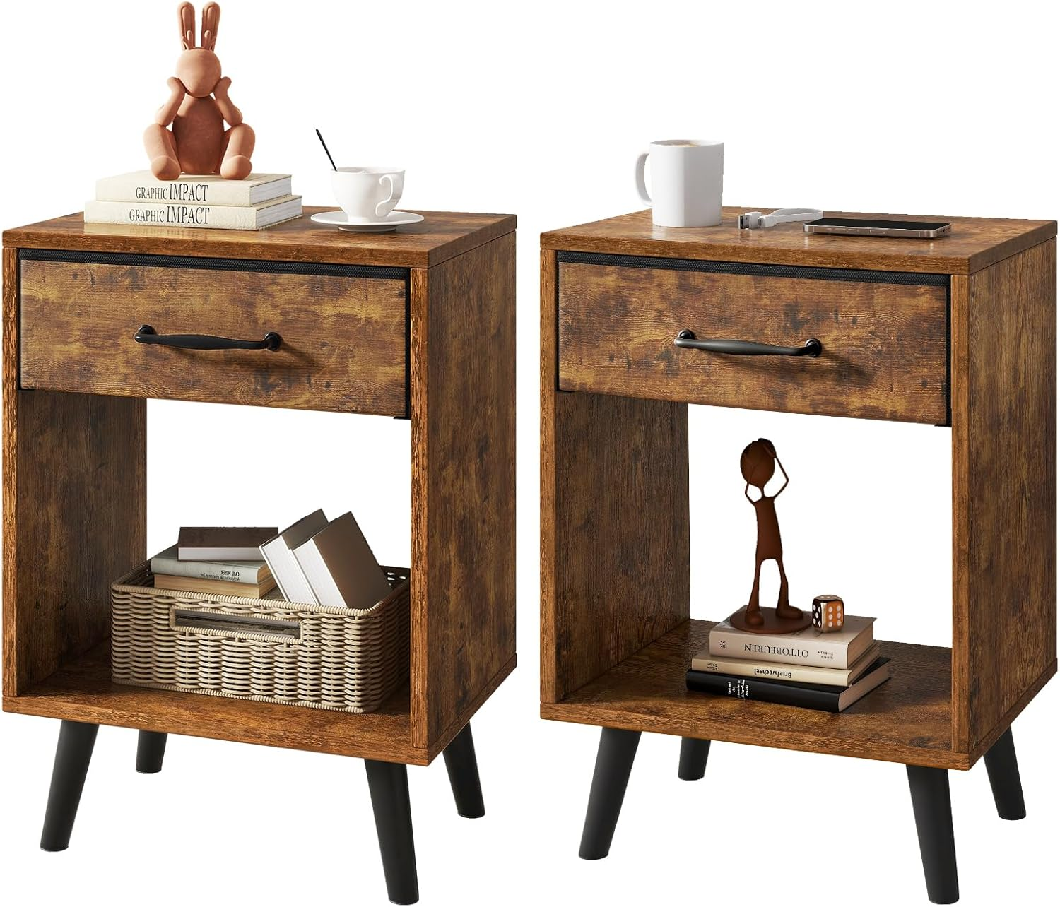 Nightstand Set of 2, Bedside Table, Side Table with Fabric Drawer, Handle and Open Compartment, Solid Wood Legs, Wooden Coffee Table for Bedroom, Rustic Brown UHST020H-2