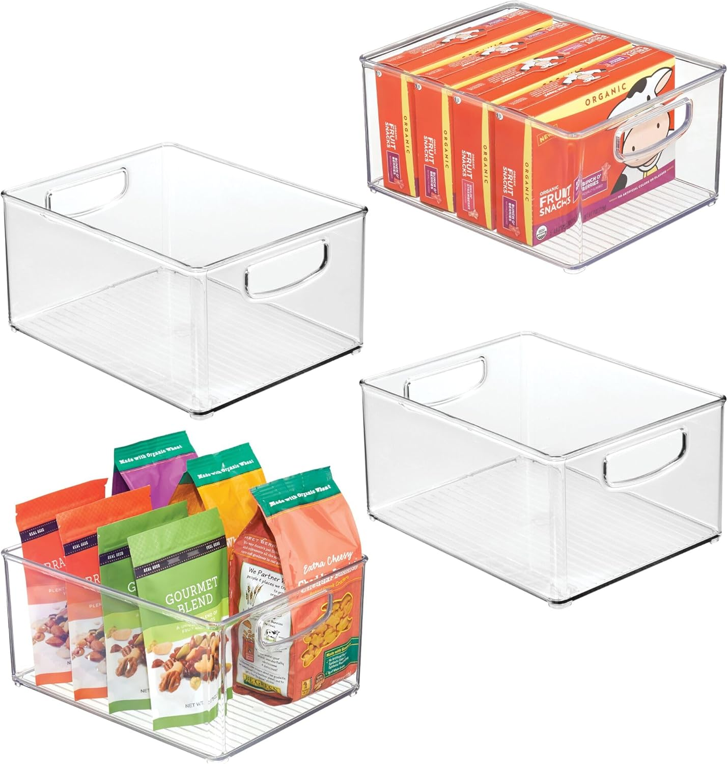 Plastic Stackable Pantry Bin - Organizer Bin with Handles for Cabinets or Fridge - Set of 4 - Clear
