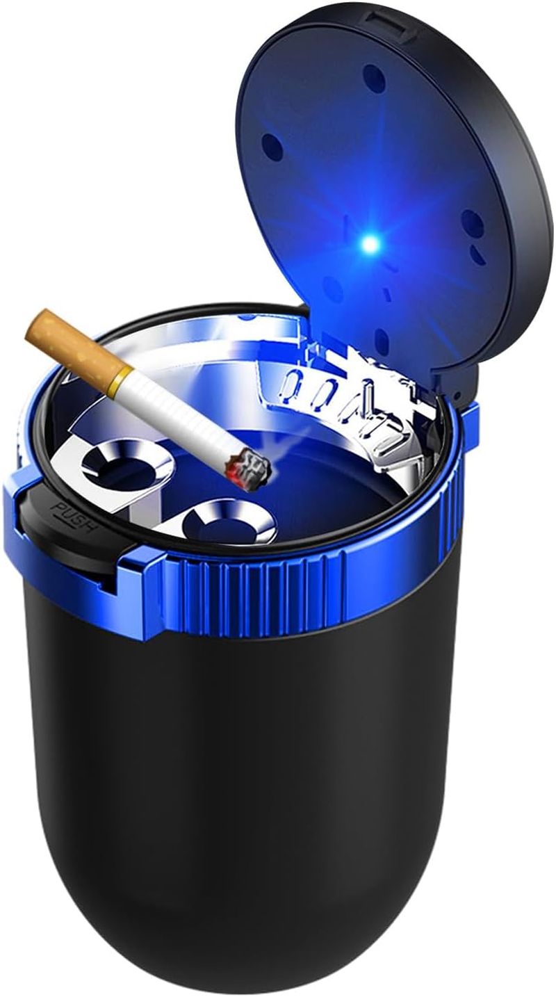 Car Ashtray with Lid, Detachable Stainless Smokeless Auto Ashtray, Portable Mini Vehicle Trash Can with LED Blue Light, Universal Interior Accessories for Cup Holder (Blue, 1 PC)