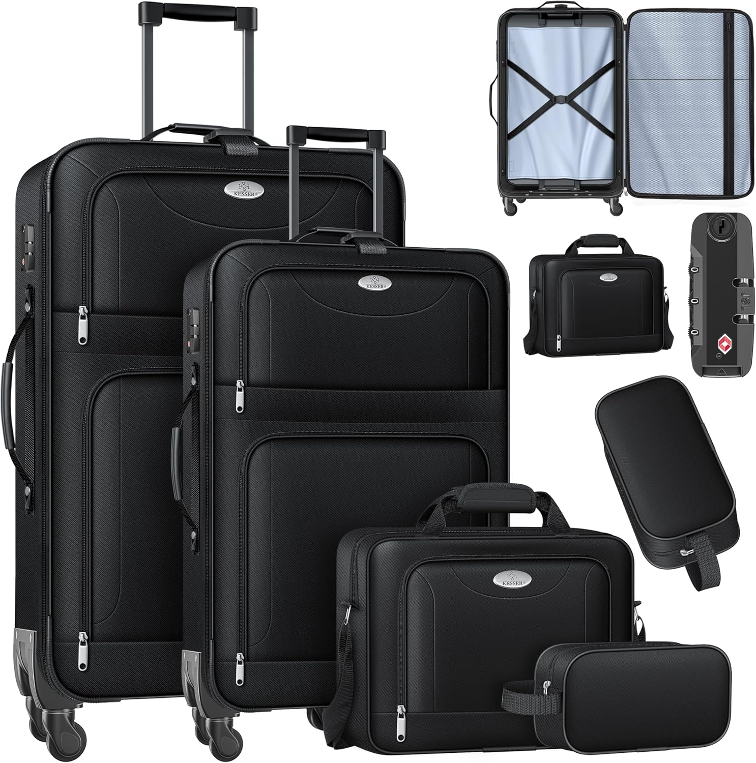 ® Set di 4 valigie da viaggio, trolley in tessuto, con serratura TSA a 3 cifre, ruote a 360° e manico telescopico, borsa per cosmetici, valigia leggera e grande valigetta per affari e viaggi,