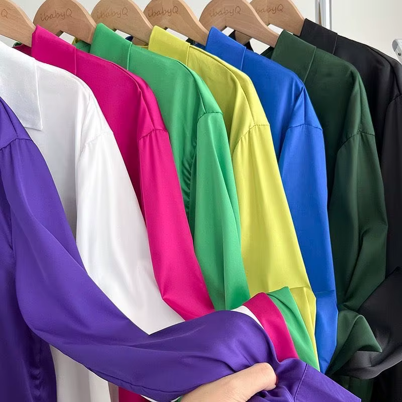 Fashion Casual Satin POLO Collar Single Breasted Long Sleeve Irregular Shirt Top Women Fall