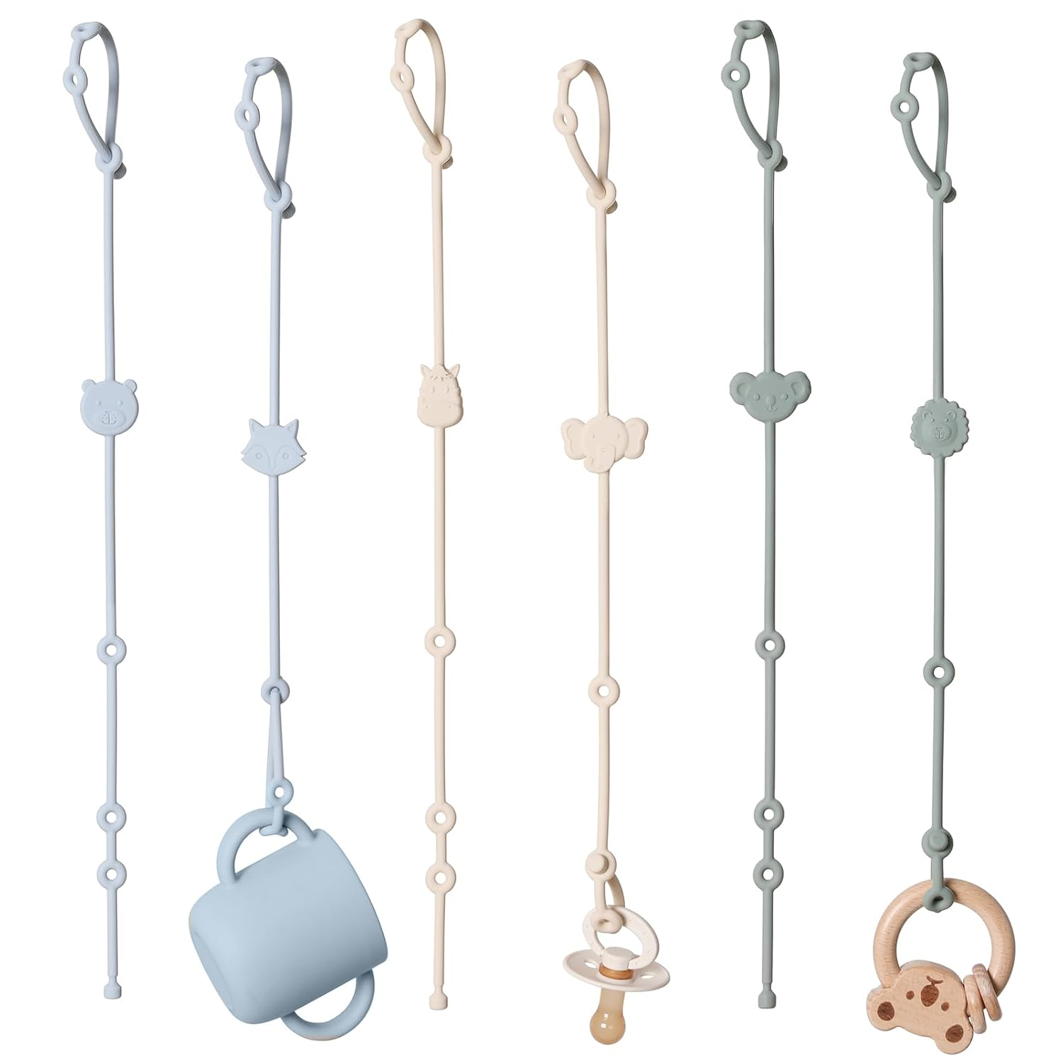 Toy Straps for Baby 6Pcs, Silicone High Chair Toys Straps Stroller Accessories Toddler Bottle Strap Car Seat Toys Baby Travel Essential Silicone Ivory+Sage+Blue