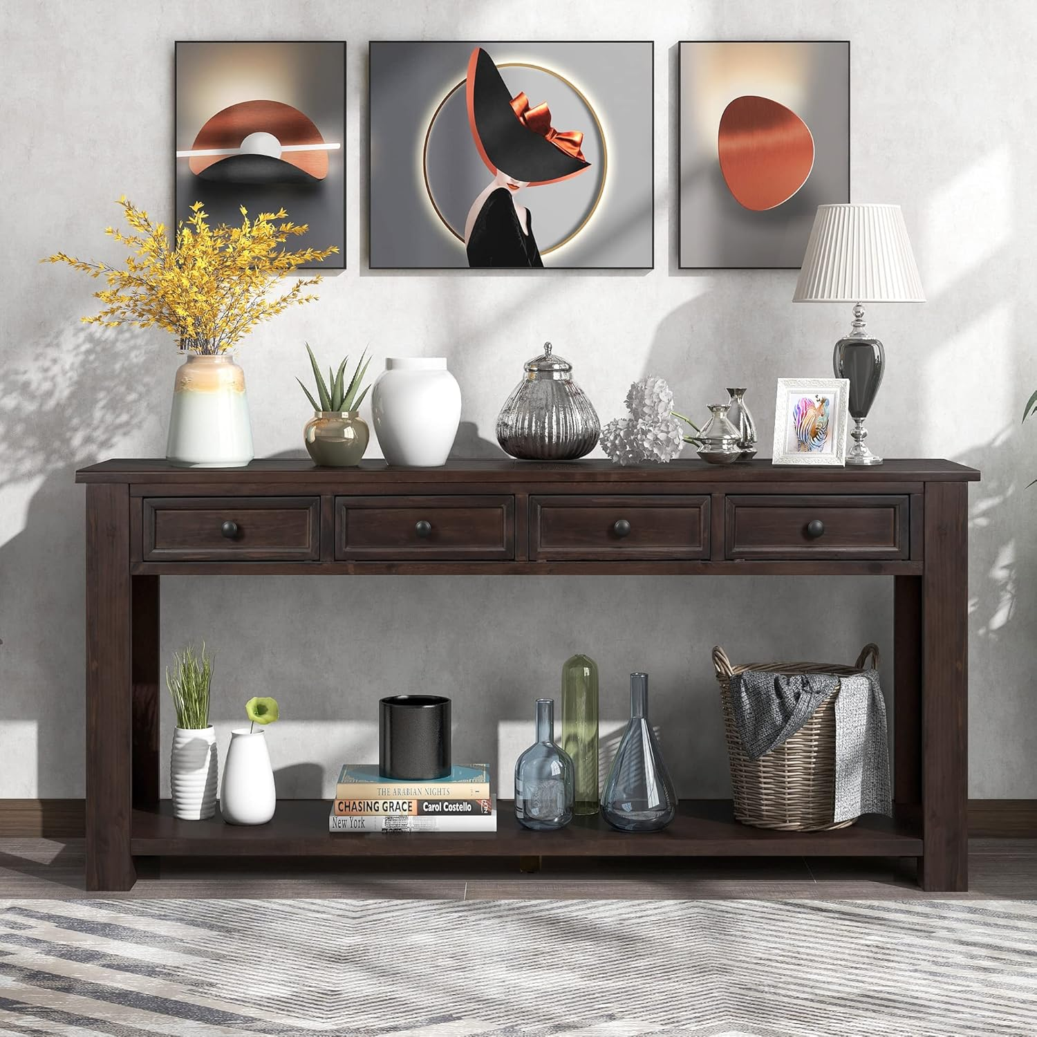 Modern Wood Foyer Console Table with Drawers and Bottom Shelf for Entryway Hallway Espresso
