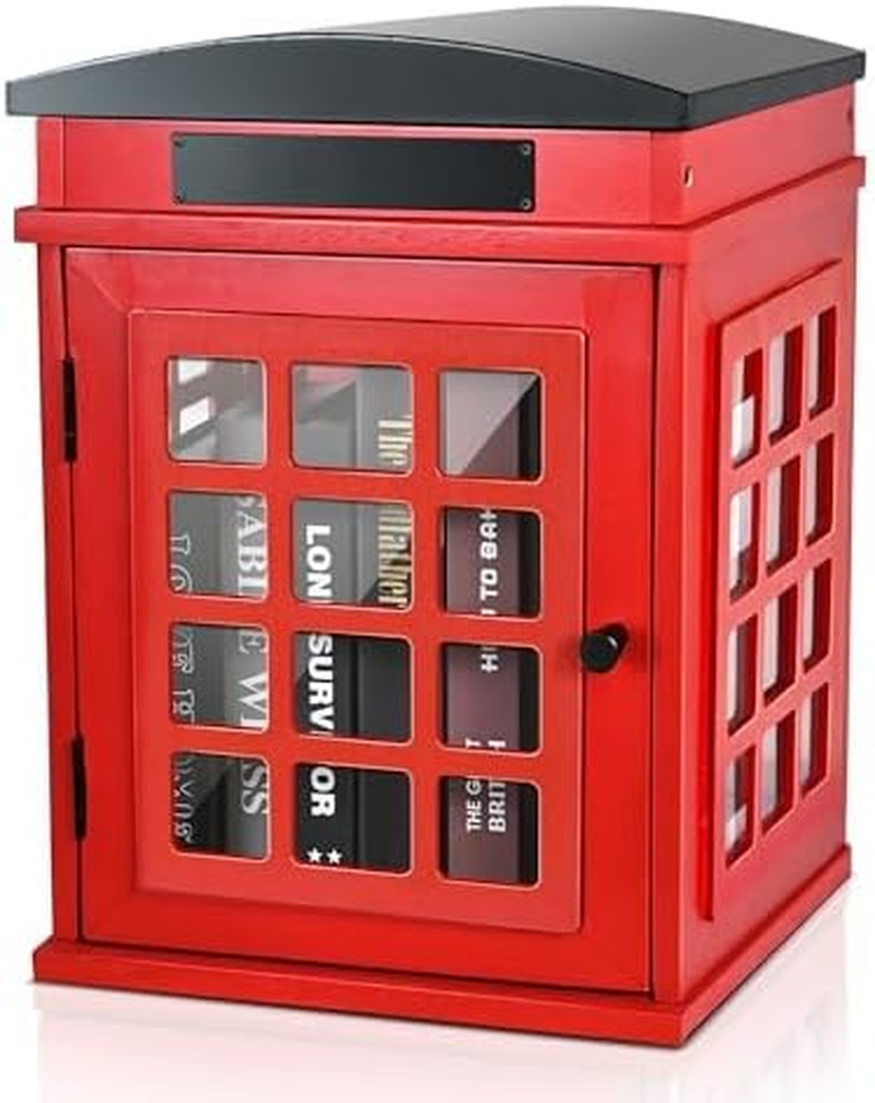 Outdoor Book Sharing Box, Waterproof Tin Roof Wooden Book Exchange Cabinet for Communities, Neighborhoods, and Schools, DIY Literature Storage for Books, Magazines, and Art (Red Tel. Booth)