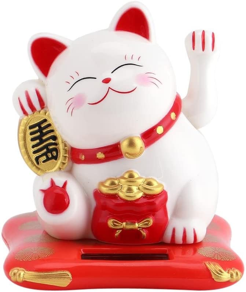 Waving Cat, Maneki Neko, Lucky Fortune Cat, Solar Powered Cute Waving Cat Good Luck Wealth Welcoming Cats Feng Shui Home Display Car Decor(White)