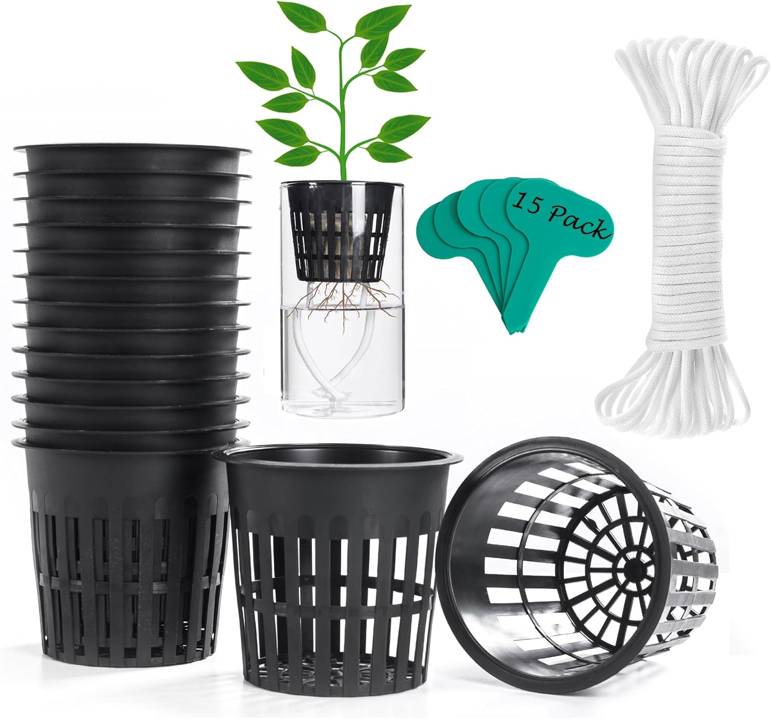 ORIMERC 4 Inch 15 Pack Net Cups Pots, with 15 Feet Self Watering Rope, 15 Plant Labels, for Hydroponics Aquaponics Kratky Orchid Vegetable Indoor Outdoor Growing Baskets Nursery Slotted Mesh BPA Free