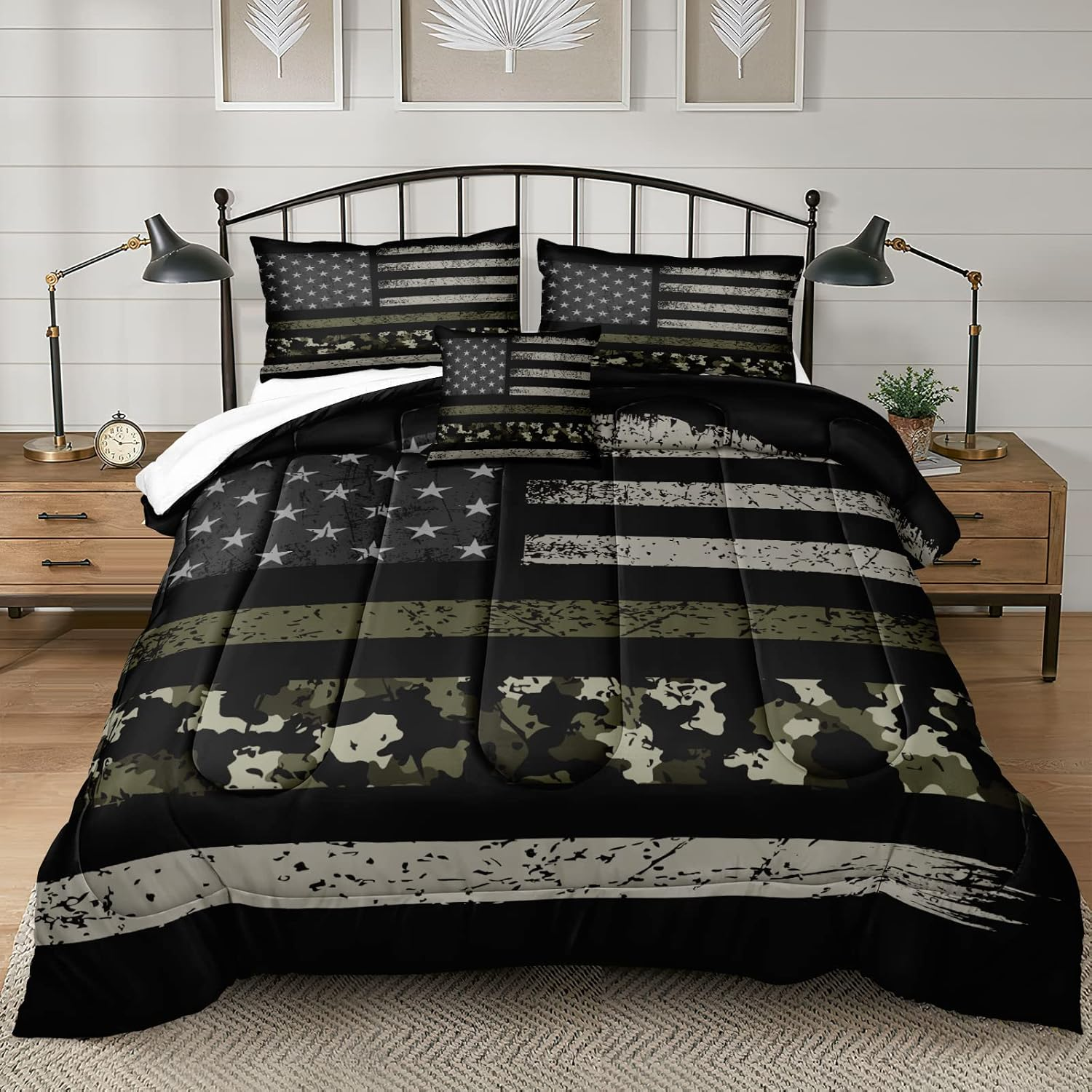 American Flag Bed Comforter King Size Camo Comforter Set Black Grey Army Green Camouflage USA Flag Bedding Quilt Set Room Decor for Men 4 Pcs Soft & Lightweight down Comforter (Camo,King)