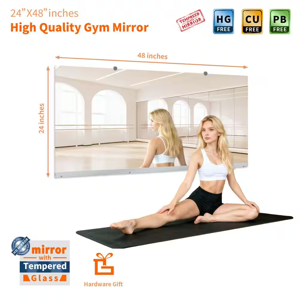 24 In. W X 48 In. H Rectangular Frameless Tempered HD Wall Mirror/Gym Mirror/Dance Mirror