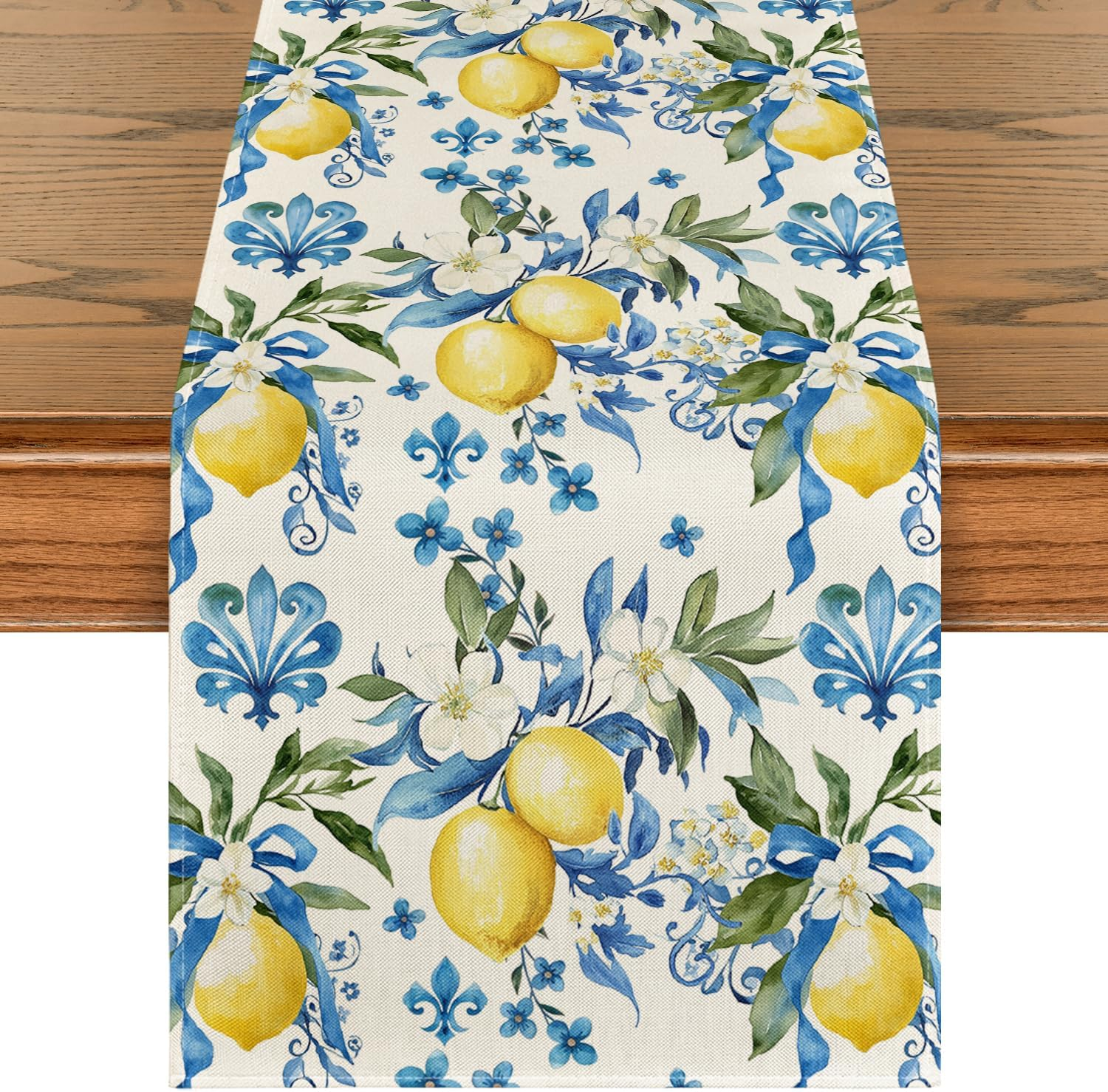 Blue Lemon Iris Summer Table Runner, Seasonal Spring Kitchen Dining Table Decor for Home Party Decor 13X108 Inch