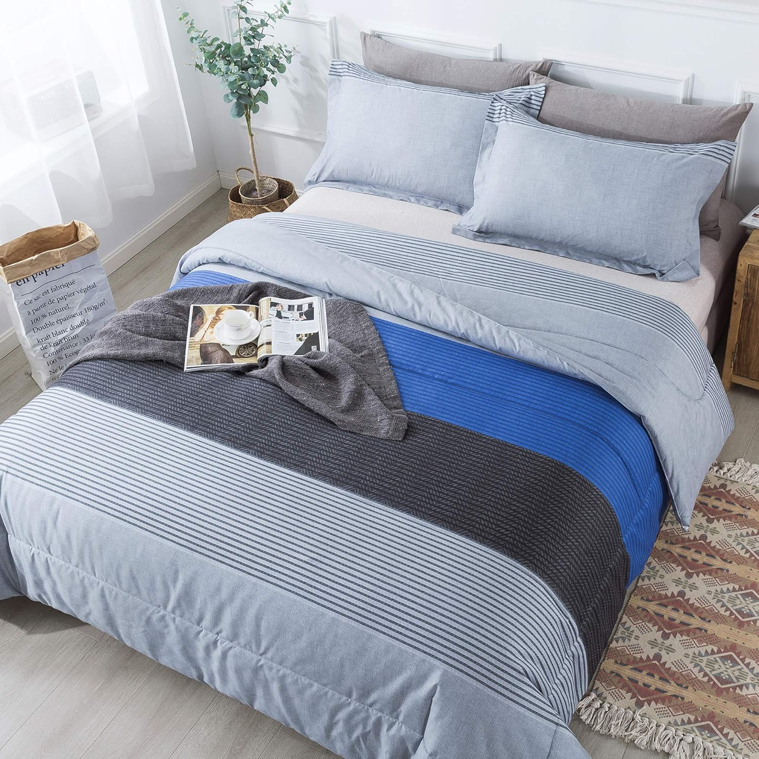 Andency Full Size Blue Comforter Set (79X90 Inch), 3 Pieces Gray and Blue Patchwork Striped Comforter, Soft Microfiber down Alternative Comforter Bedding Set Bed in a Bag with Corner Loops