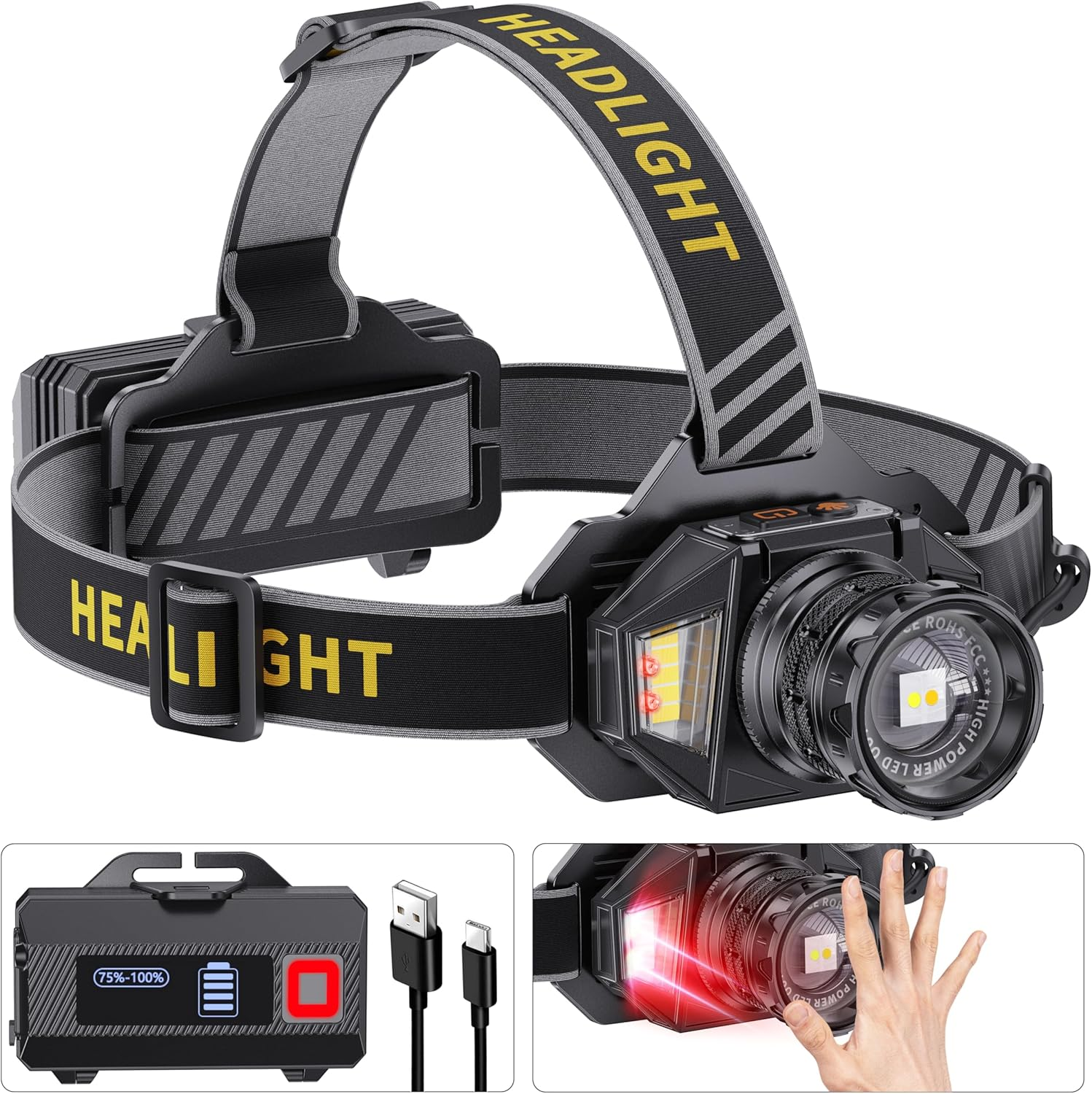 Linterna Frontal LED Recargable 99000 Lumen 12 Modos 90H IPX7 Ajustable 90Grados