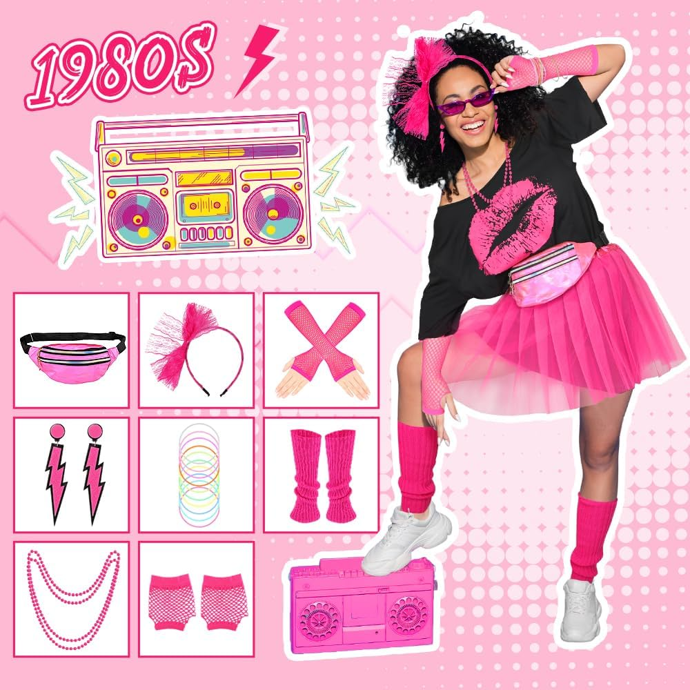 SlowTon 80s Outfits Costumes Accessories for Women - 1980s Fancy Dress with P... - Picture 4 of 14