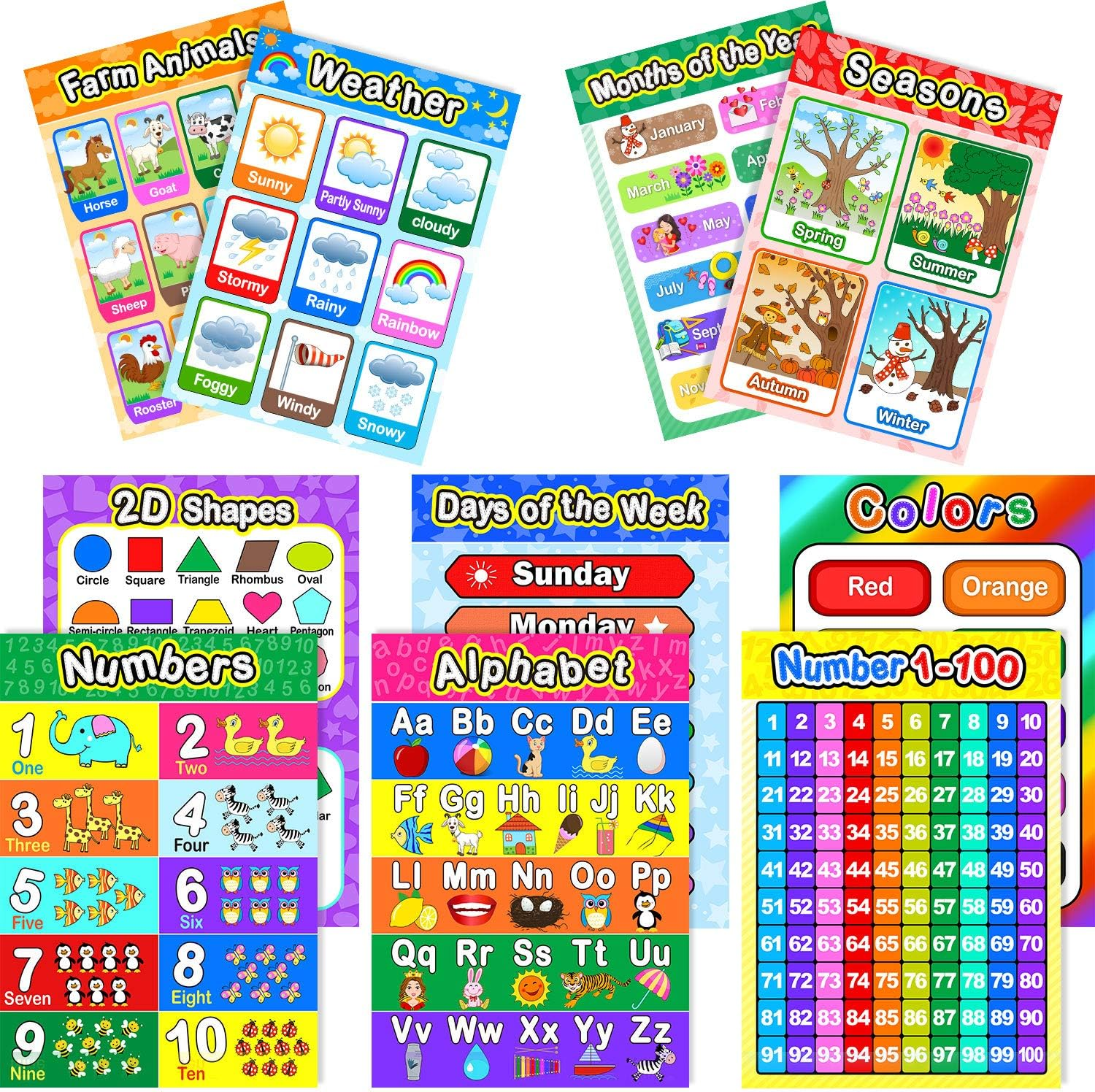 10 Preschool Learning Posters Alphabet Numbers Colors Days Classroom 16x11in Set