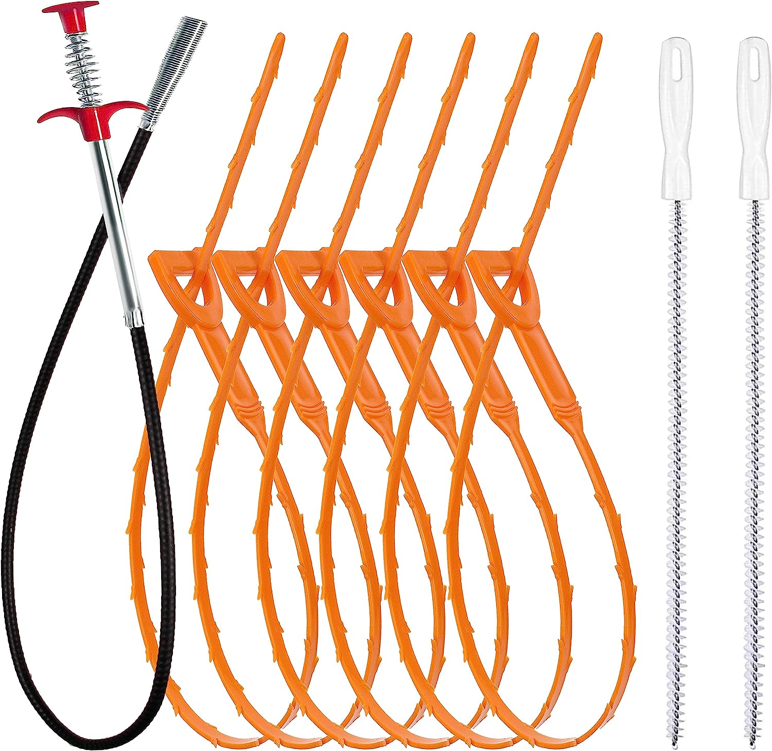 35.5Inch Drain Clog Remover(1Pcs), 25Inch Drain Snake Hair Remover(6Pcs) & Cleaning Brush(2Pcs), Hair Catcher Drain Auger Cleaner Tool Set for Toilet, Kitchen Sink, Bathroom Tub, Sewer, 9 Pack