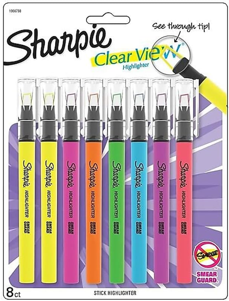 Sharpie Clear View Highlighter Sticks Chisel Tip Assorted Fluorescent 8 Count