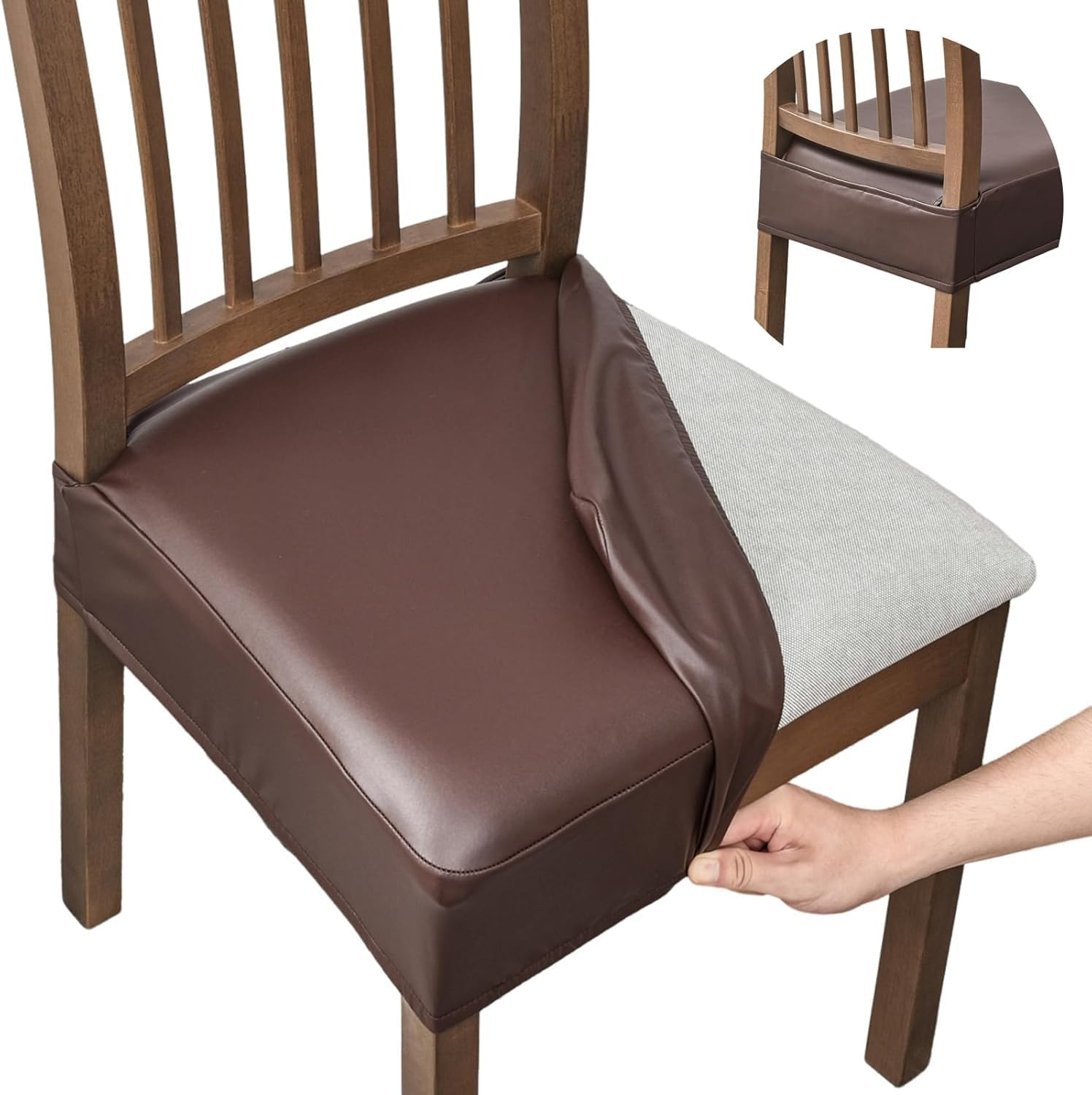 Dining Chair Covers Set of 6, Waterproof PU Leather Stretch Chair Seat Slipcovers Soft Removable Washable Chair Covers, Kitchen Chair Seat Covers Protectors Dining Room, Pu-Coffce