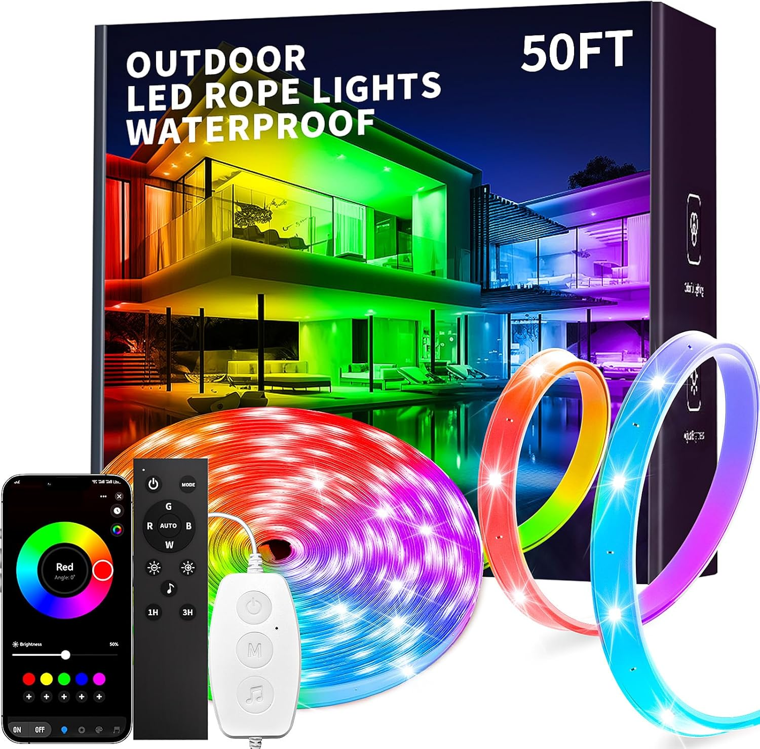 50Ft Outdoor Led Strip Lights Waterproof IP68, RGB Outdoor Led Lights with Button & Bluetooth App Control, Music Sync, Timer, Exterior Led Rope Lights for Decor Balcony, Roof, Garden, Pool