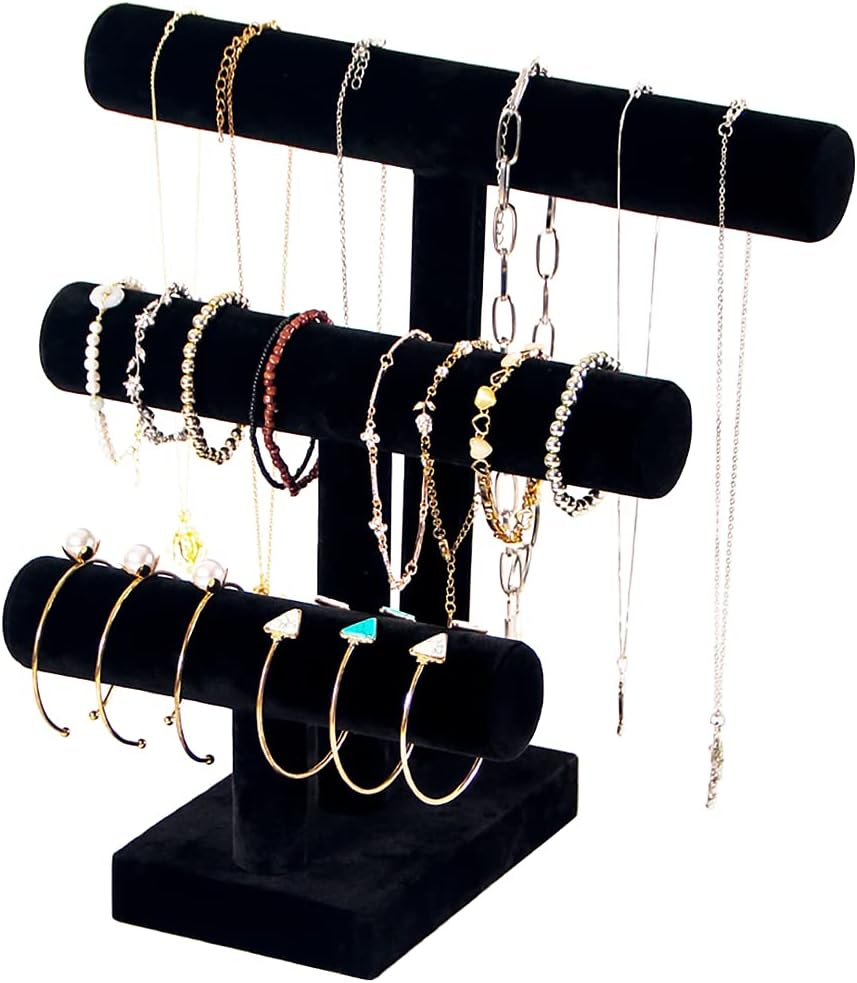 3 Tier Bracelet Holder Display - Detachable T Bar Black Velvet Bracelet