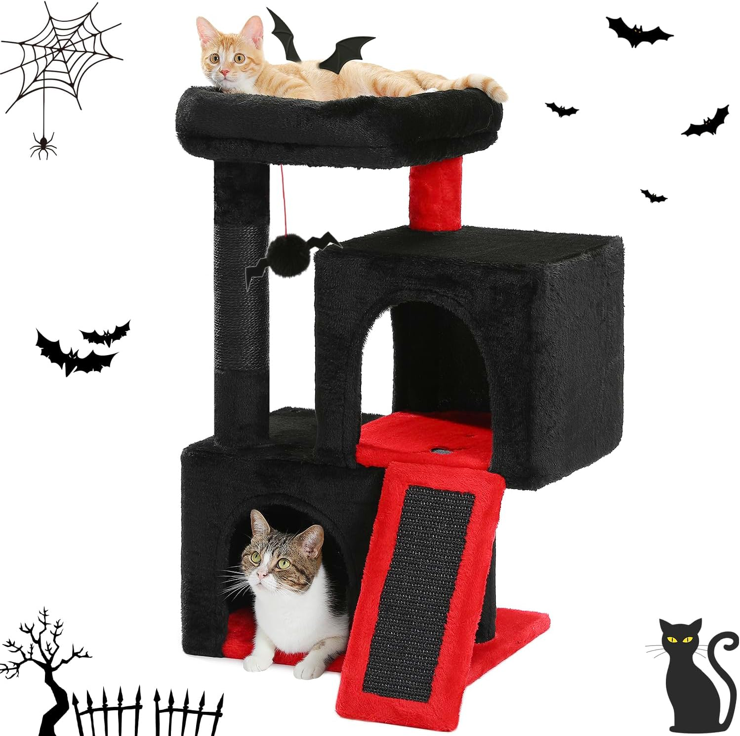 Gothic Cat Tree, 30 Inches Black Cat Tower with Dual Condos for Indoor Cats, Spooky Cat House with Padded Perch, Scratching Ramp and Posts and Bat Toys