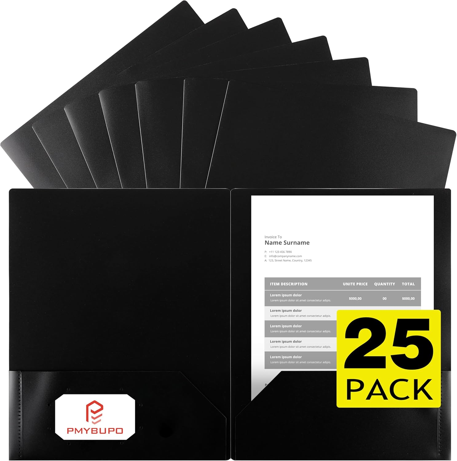 25 Pack Black 2 Pocket Folders,Heavy Duty Plastic Folders for Letter Size Paper,Heavy Duty Poly,Long Lasting,Includes Labels.