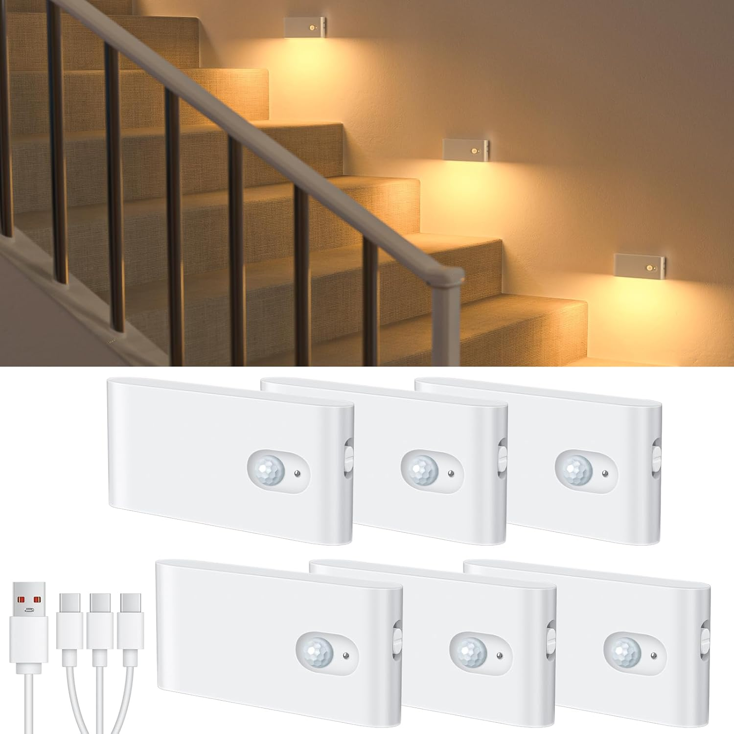 Rechargeable Night Light, Wireless Stair Lights Indoor, Warm White Motion Sensor Light Indoor, Stick-Anywhere, Led Night Light for Bathroom, Hallway, Bedroom, Closet, Kitchen (6 Pack)