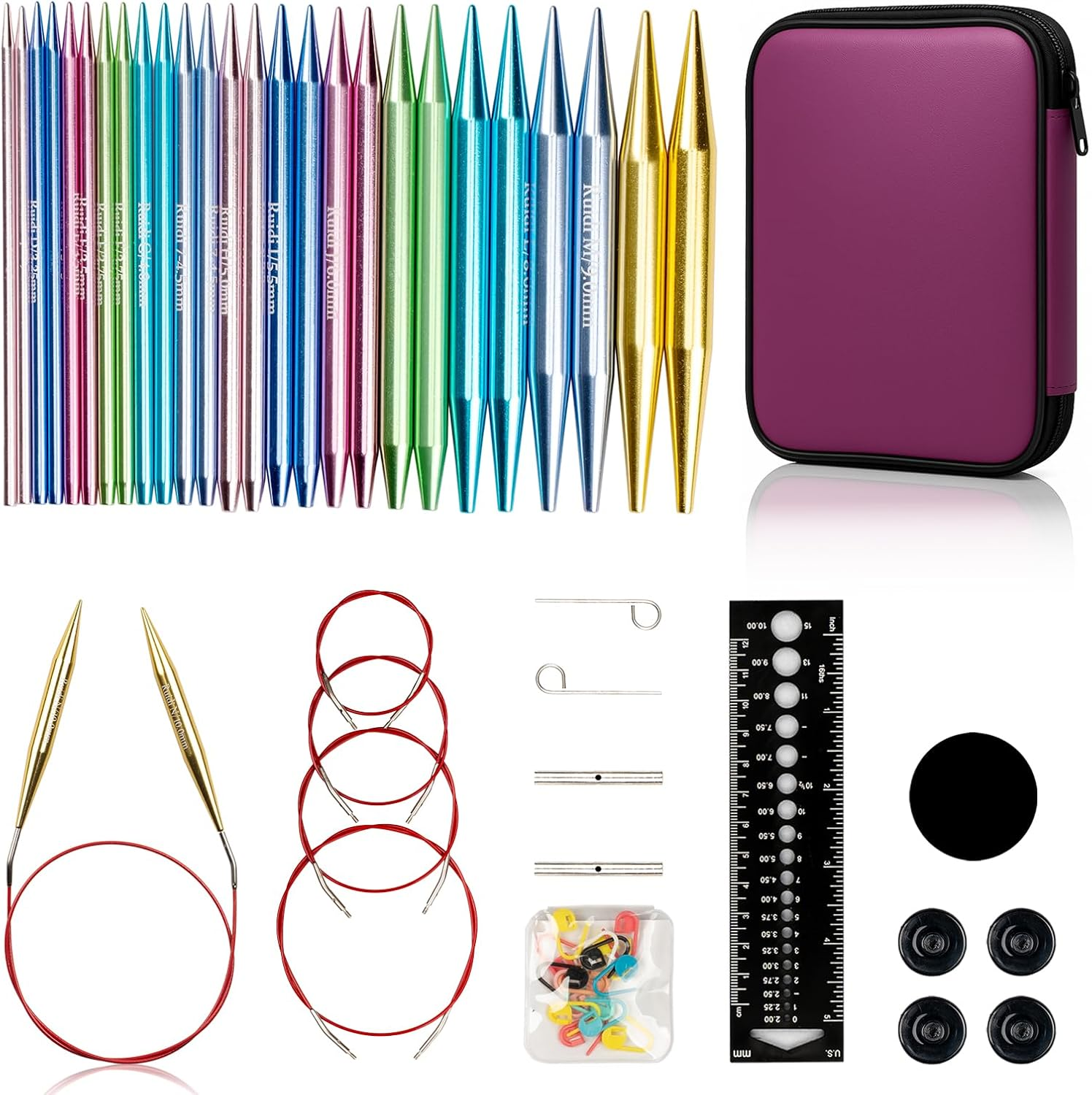Ruidi Interchangeable Aluminum Circular Knitting Needles Set - 13 Pairs of 4 Inch (10Cm) Needles with 4 Cables, Needle Holders & Leather Bag - Perfect for Smooth Knitting & Versatile Projects