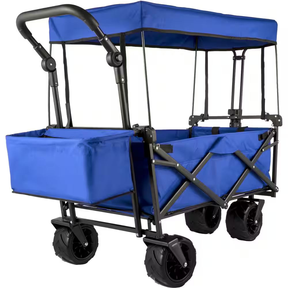 Extra Large Collapsible Garden Cart with Removable Canopy Folding Utility Wagon with Wheels, Blue, 3Cu. Ft., Steel Bin