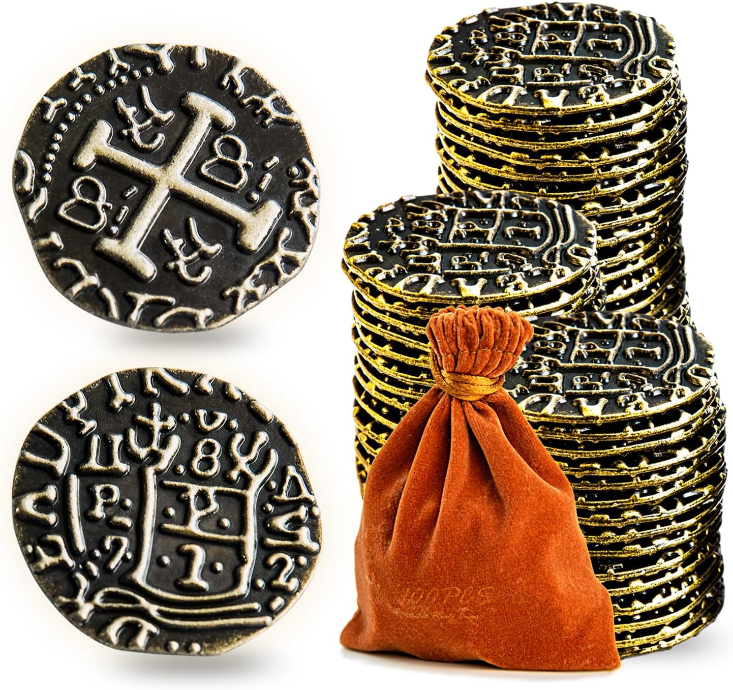 Metal Pirate Coins, Prefdo 35PCS X Large Gold Treasure Coin Set Spanish Doubl... - Picture 4 of 7