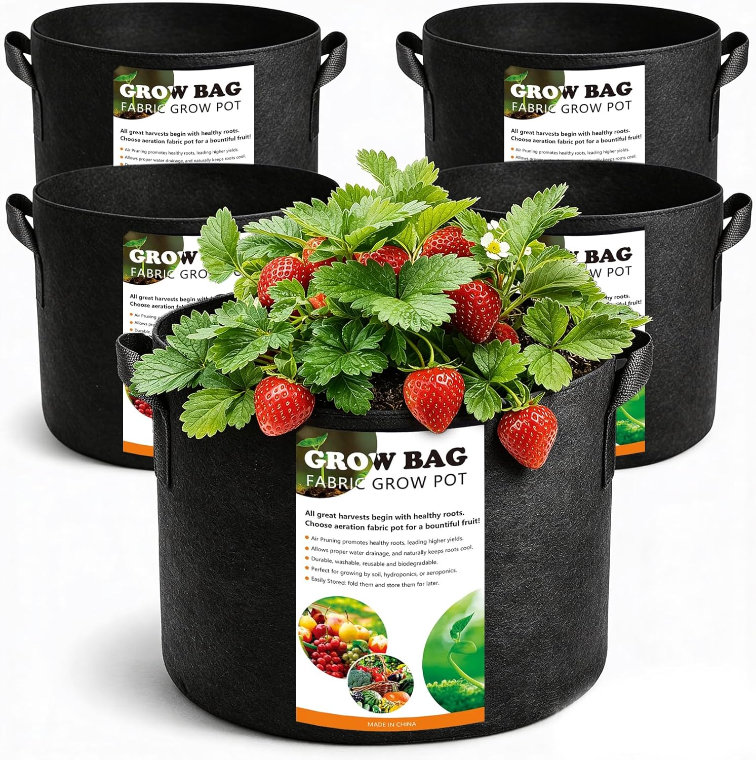 5 Pack 5 Gallon Grow Bags, Thickened Aeration Nonwoven Fabric Plant Pots with Handles, Heavy Duty 300G Garden Planting Bag for Tomato, Potato, Strawberry, Vegetable, Fruits and Flowers