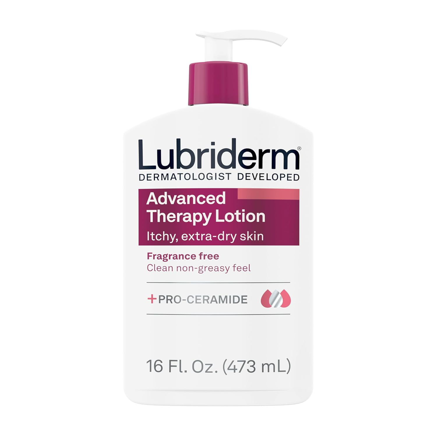 Lubriderm Advanced Therapy Fragrance Free Moisturizing Hand & Body Lotion + Pro-Ceramide, Intense Hydration for Itchy, Extra Dry, & Sensitive Skin, Non-Greasy, Hypoallergenic, 16 Fl. Oz