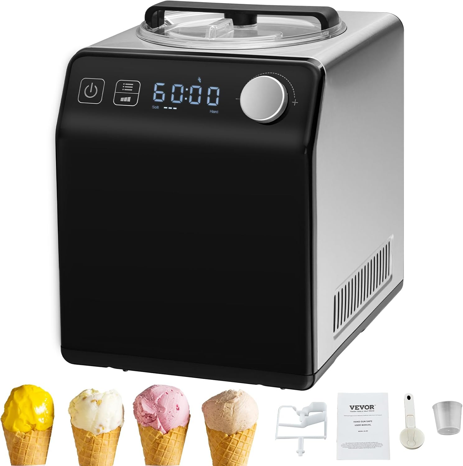 Upright Automatic Ice Cream Maker with Built-In Compressor, 2 Quart No Pre-Freezing Fruit Yogurt Machine, Stainless Steel Electric Sorbet Maker, 4 Modes Gelato Maker with Digital Display & Timer