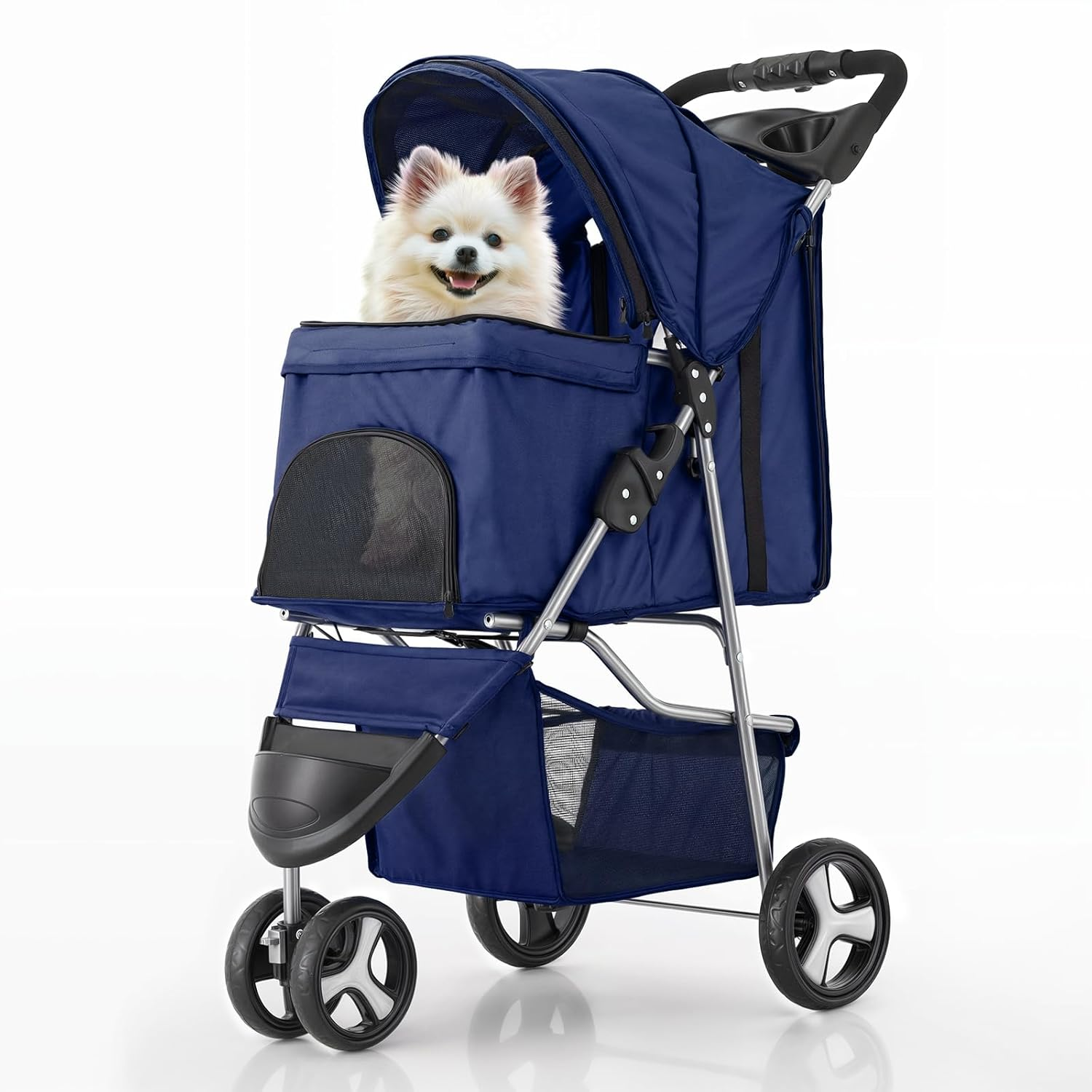 Monibloom 3 Wheels Pet Stroller, Foldable Dog Cat Cage Jogger Stroller with Weather Cover for All-Season, Storage Basket and Cup Holder, Breathable and Visible Mesh for Small/Medium Pets, Blue