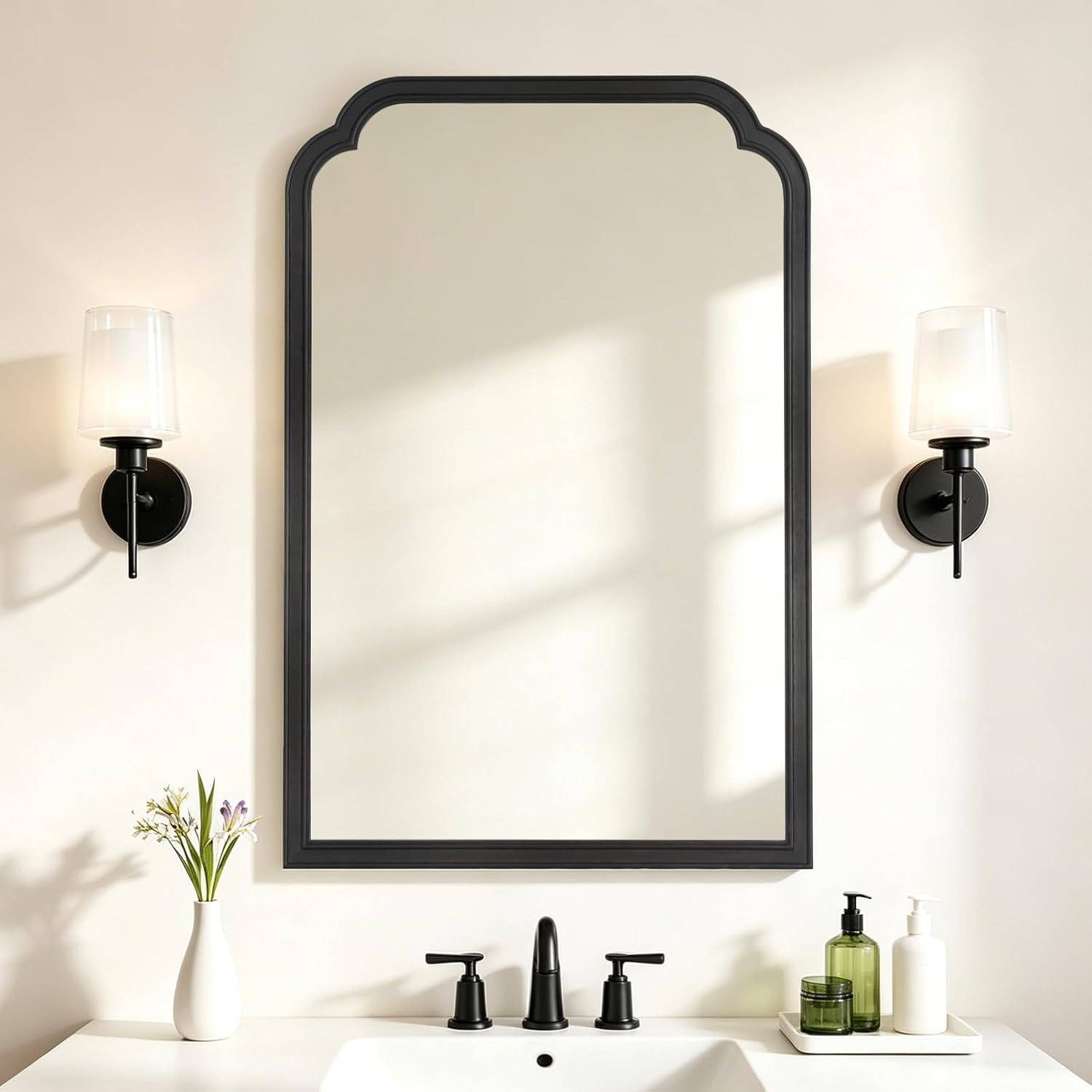 Wood Bathroom Mirrors for Wall Mounted, Rustic Solid Wood Frame Wall Mirrors Decorative for Living Room, Entryway, Bedroom Vanity, Arch Scalloped Farmhouse Mirror(24" X 36",Black)
