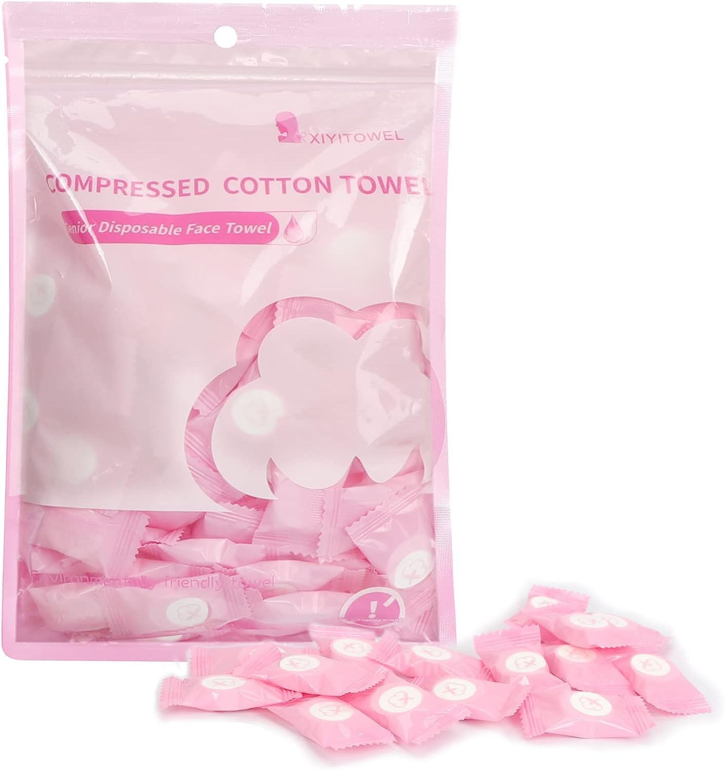 Classycoo Compressed Towel 100 PCS Mini Tablets Disposable Portable Face Towel Cotton Coin Tissue Eco-Friendly for Travel, Camping, Hiking, Sport, Beauty, Home Hand Wipes, Outdoor Activities Pink