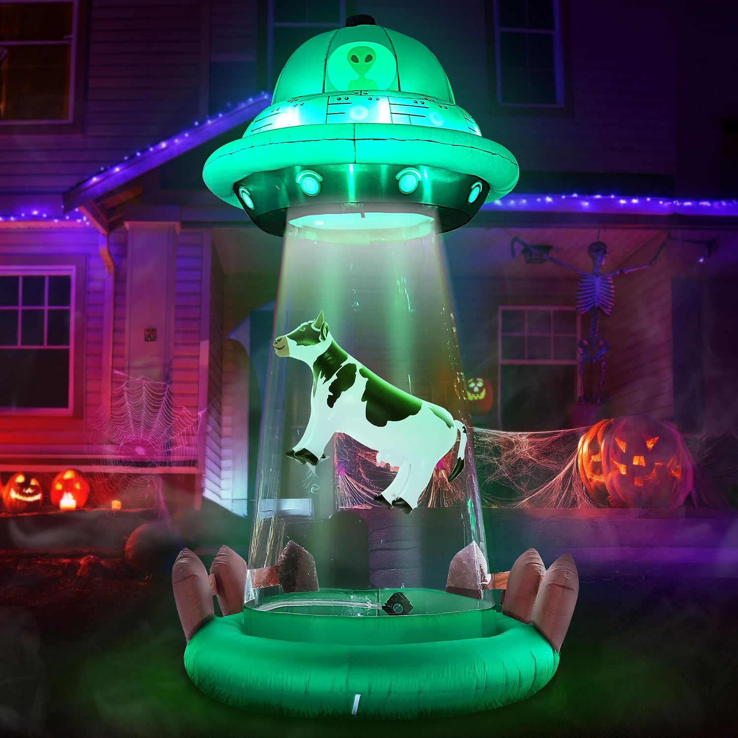 ZPISF 10 FT Halloween Inflatables UFO with Floating Cow Outdoor Decorations, Blow up UFO Halloween Yard Decorations for Front Lawn Garden Decor