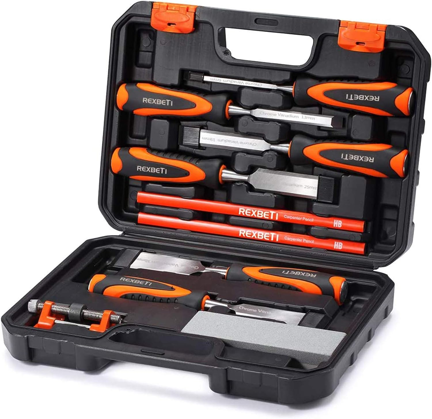REXBETI 10Pcs Premium Wood Chisel Set, 6Pcs Wood Chisel with 1 Honing Guide, 1 Sharpening Stone and 2 Carpenter Pencils, Heat-Treated Cr-V Alloy Blades