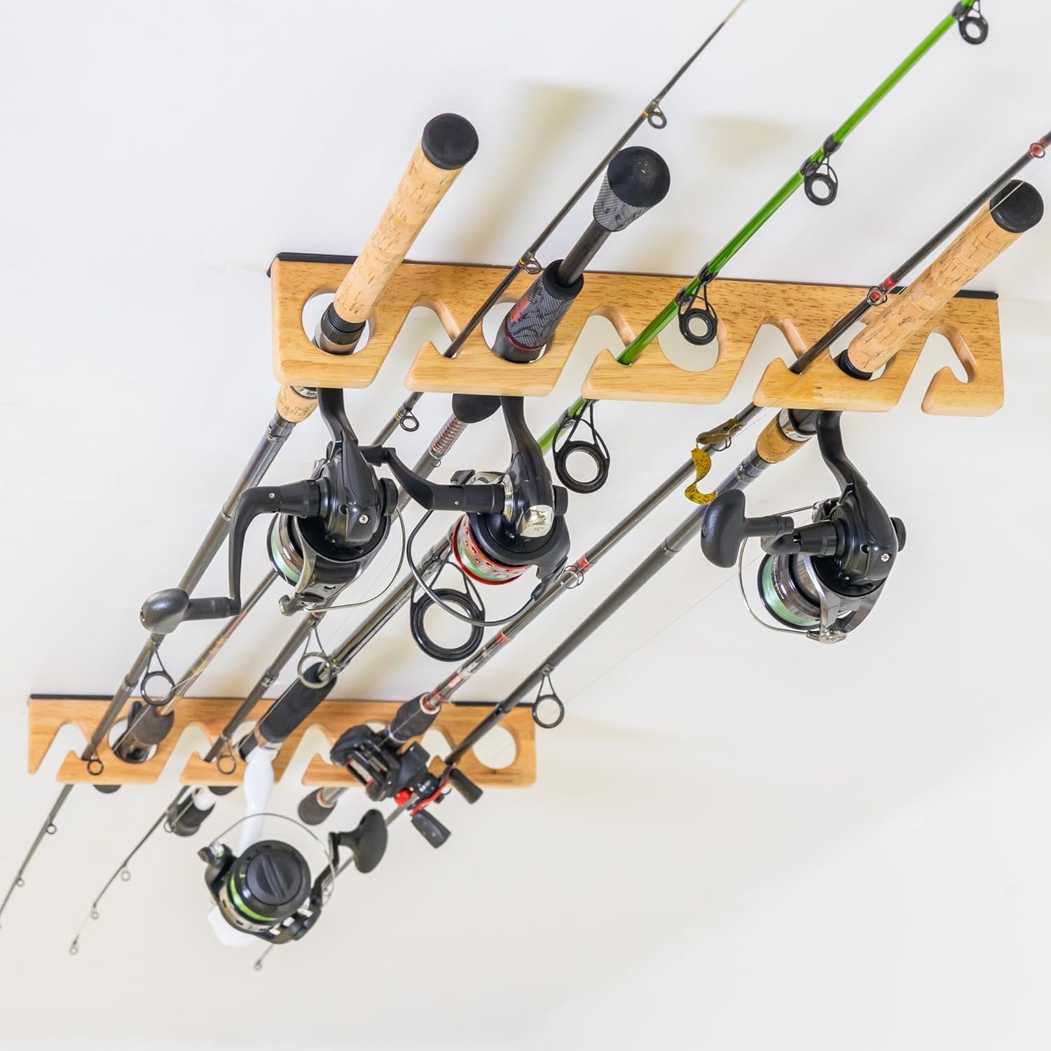Stillwater Fishing Pole Holders for Garage, Wall and Ceiling Storage Rack for Fishing Rods, Solid Wood Garage Organizer Holds 8 Rods or Combos up to 40 Lbs
