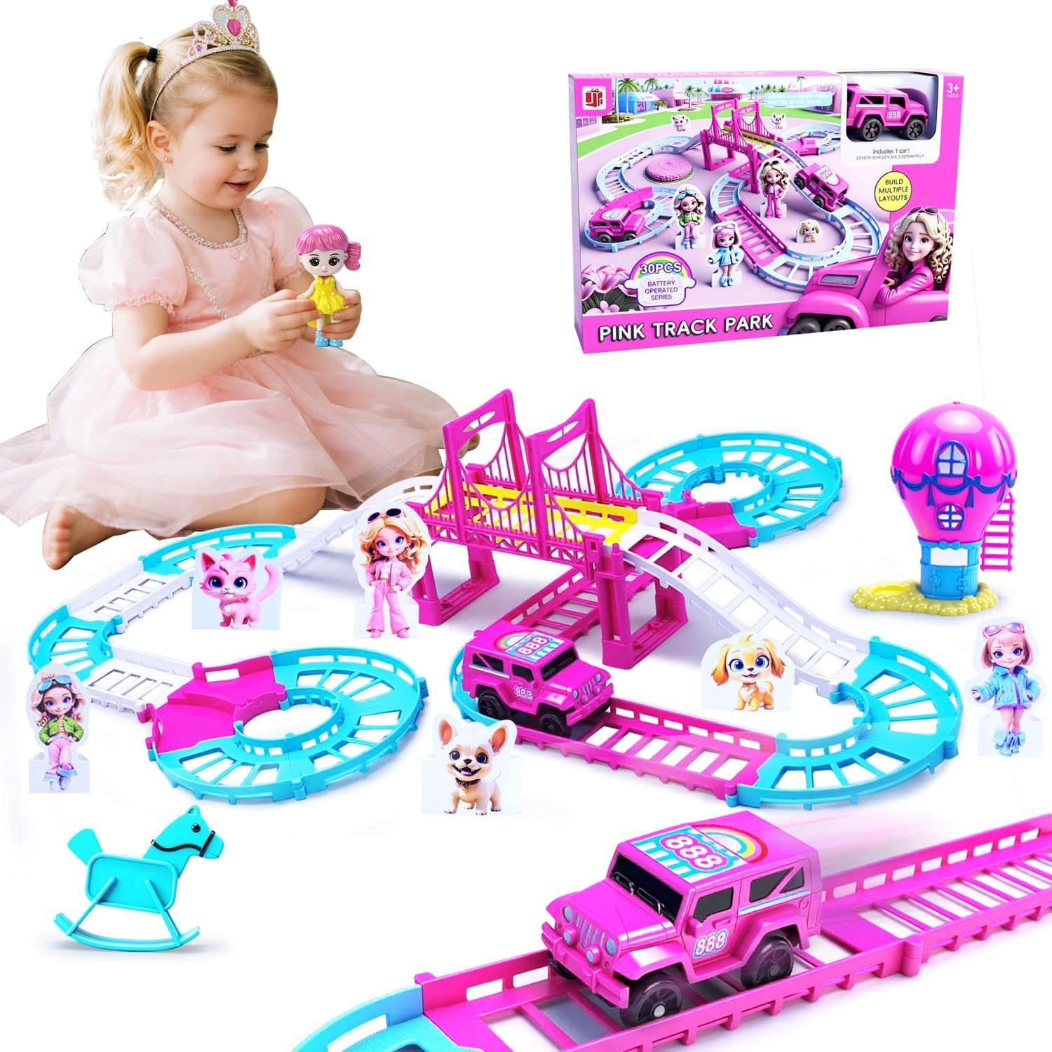 Race Tracks Toys for 3 4 5 6 Year Old Girls Kids, Princess Track Car Mode Game W/1 Electric Truck Car, Birthday Gift Toddler Cars Toy for 2-5 Year Old Girl Boy(Pink)