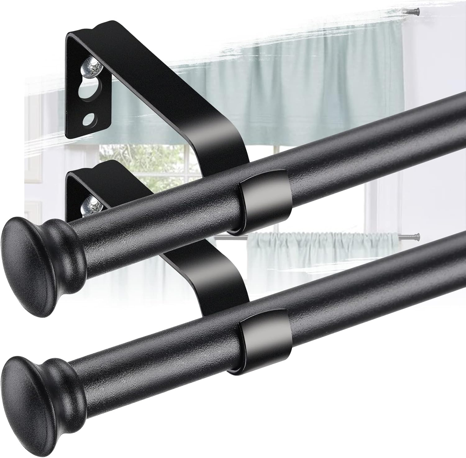 28-50 Inch Heavy Duty Black Curtain Rod Set - 2 Pack Cafe Rods with Brackets 