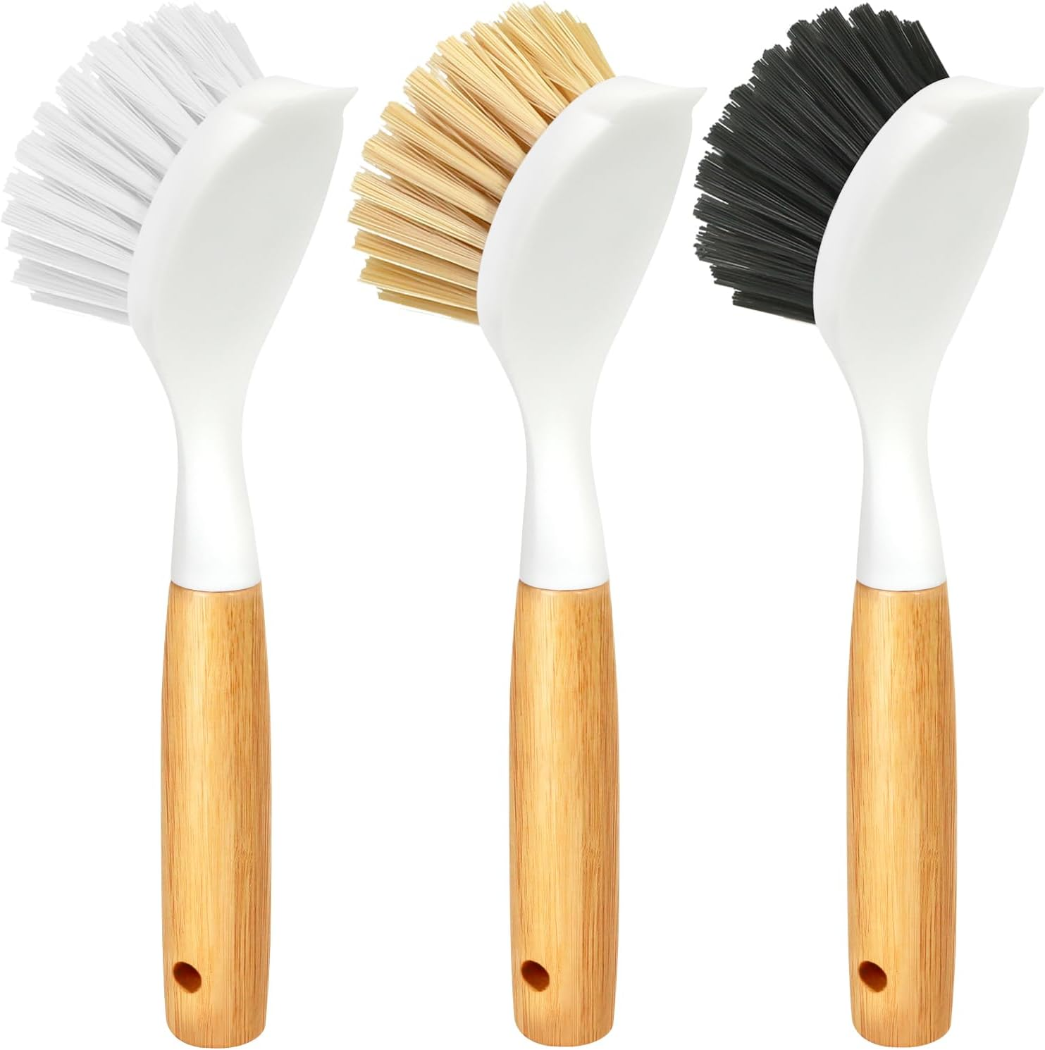 3 Pack Dish Brush Set with Bamboo Handle, Kitchen Scrub Brush for Cleaning Dish, Pot, Sink and Stove, Skillet Scrubber with Tough Bristles for Cast Iron Grill Pan, Yellow White Black